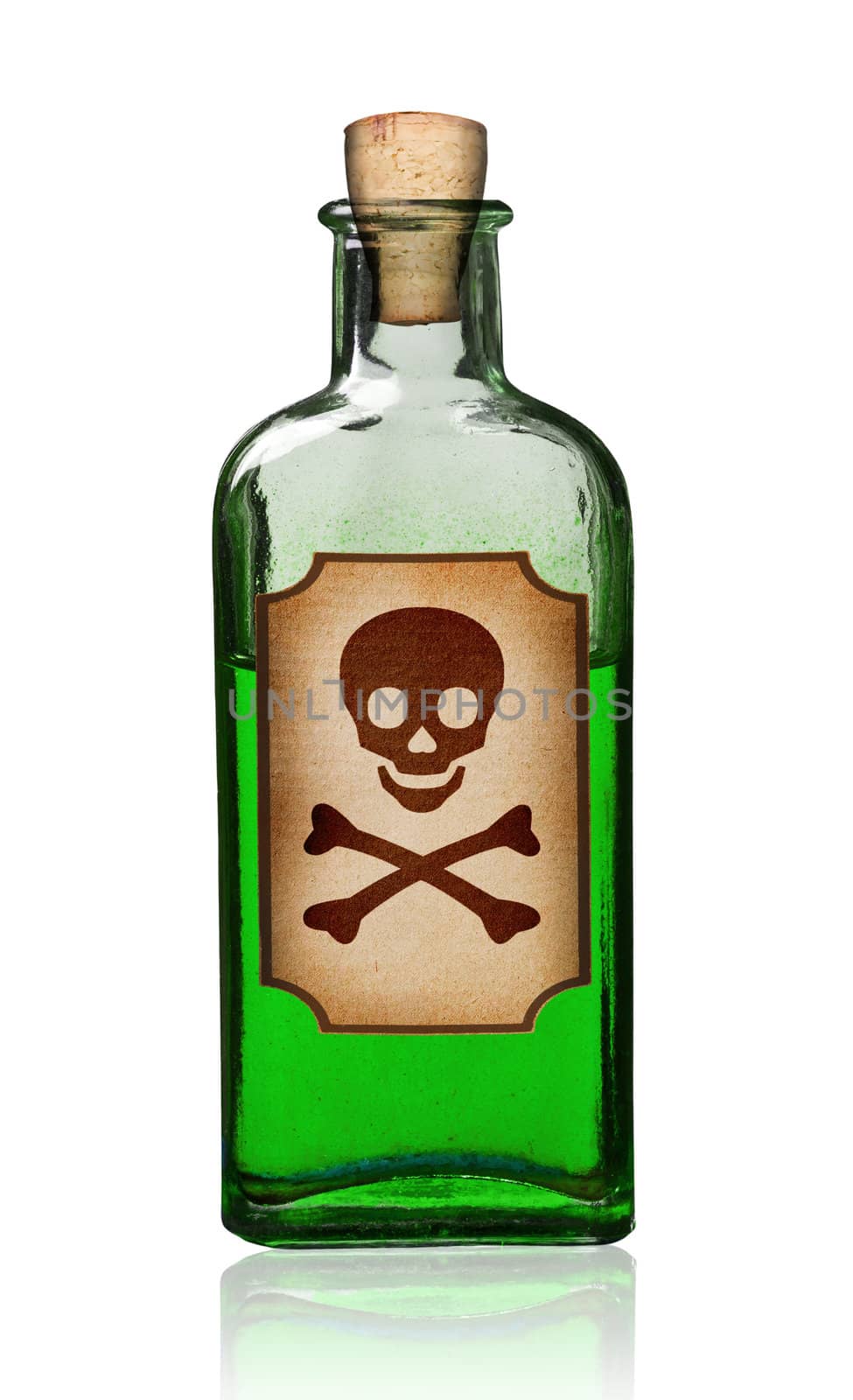 Old fashioned poison bottle with label, isolated, clipping path. 