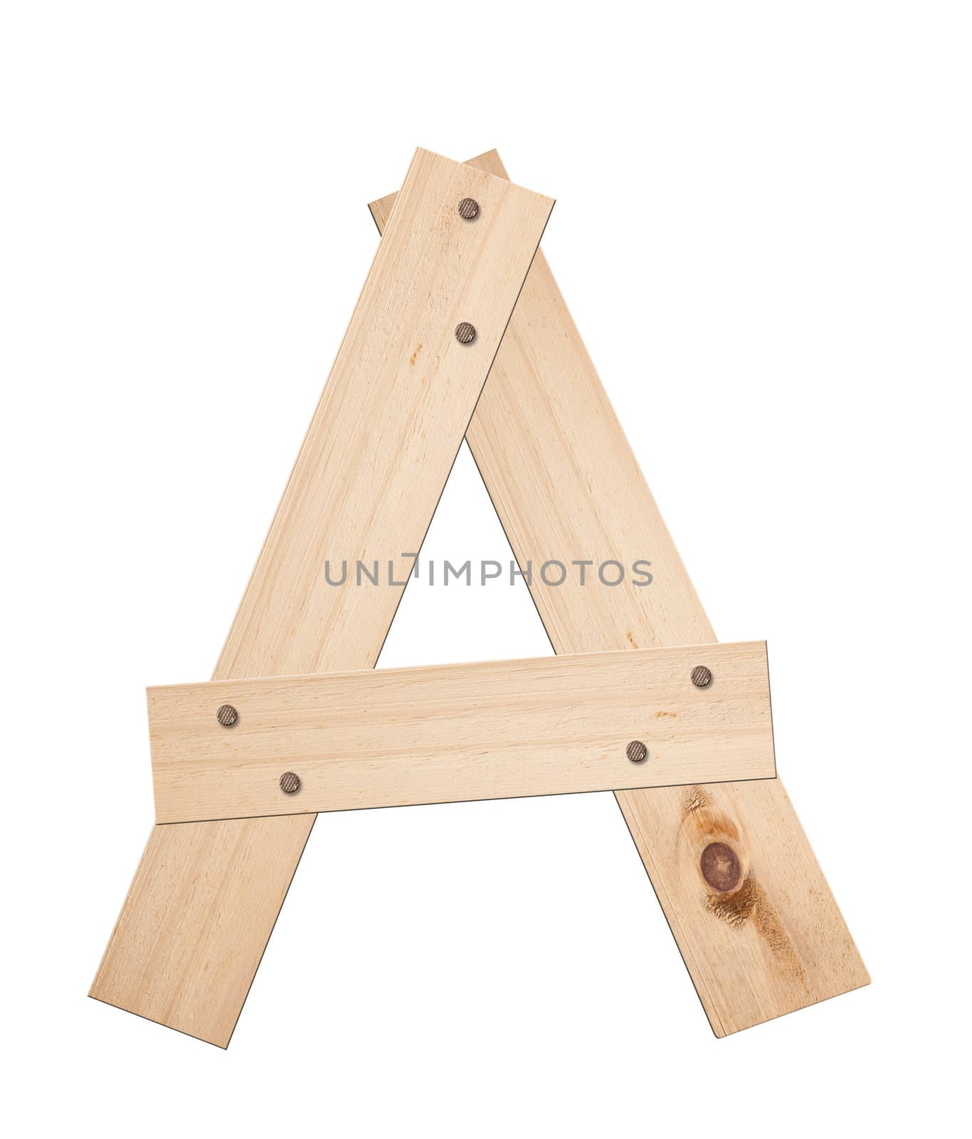 Letter A, made of wood, isolated, clipping path.