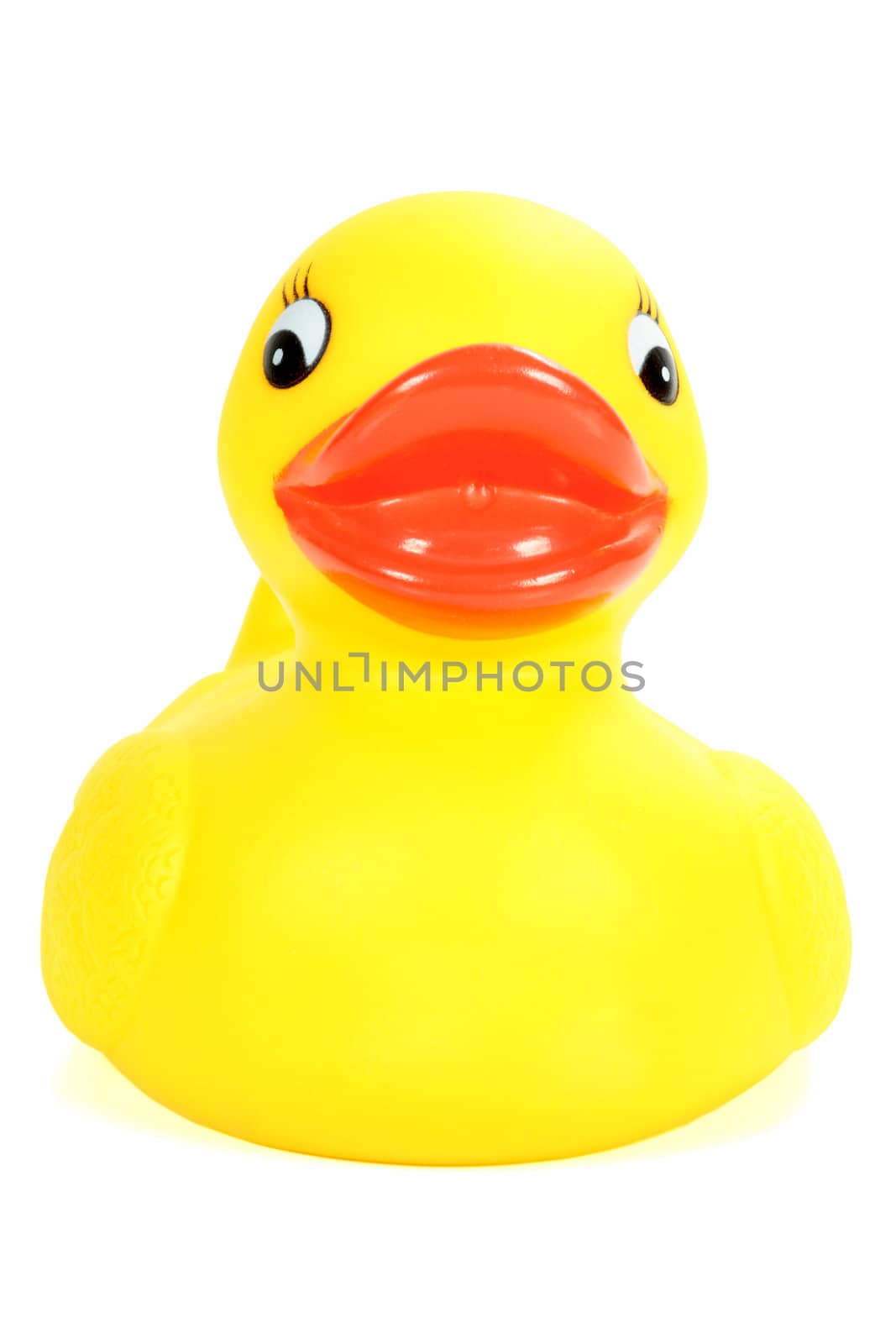 yellow rubber duck bath facing flat on white background