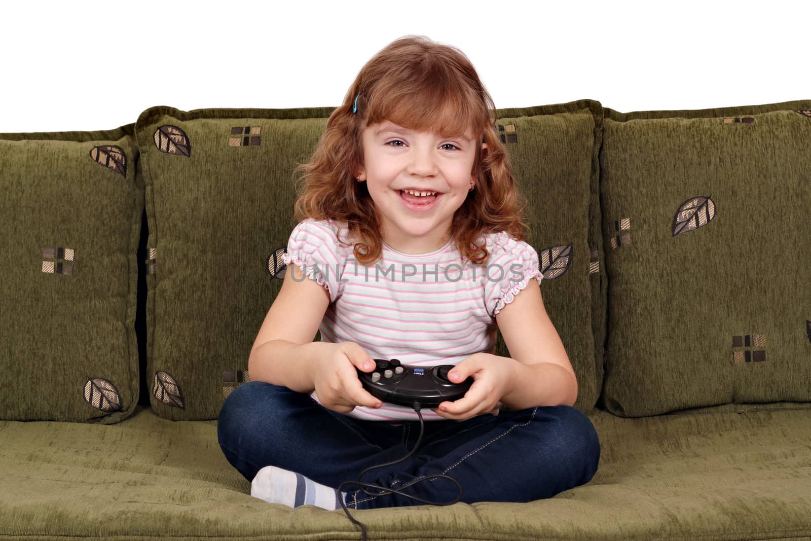 happy little girl play video game