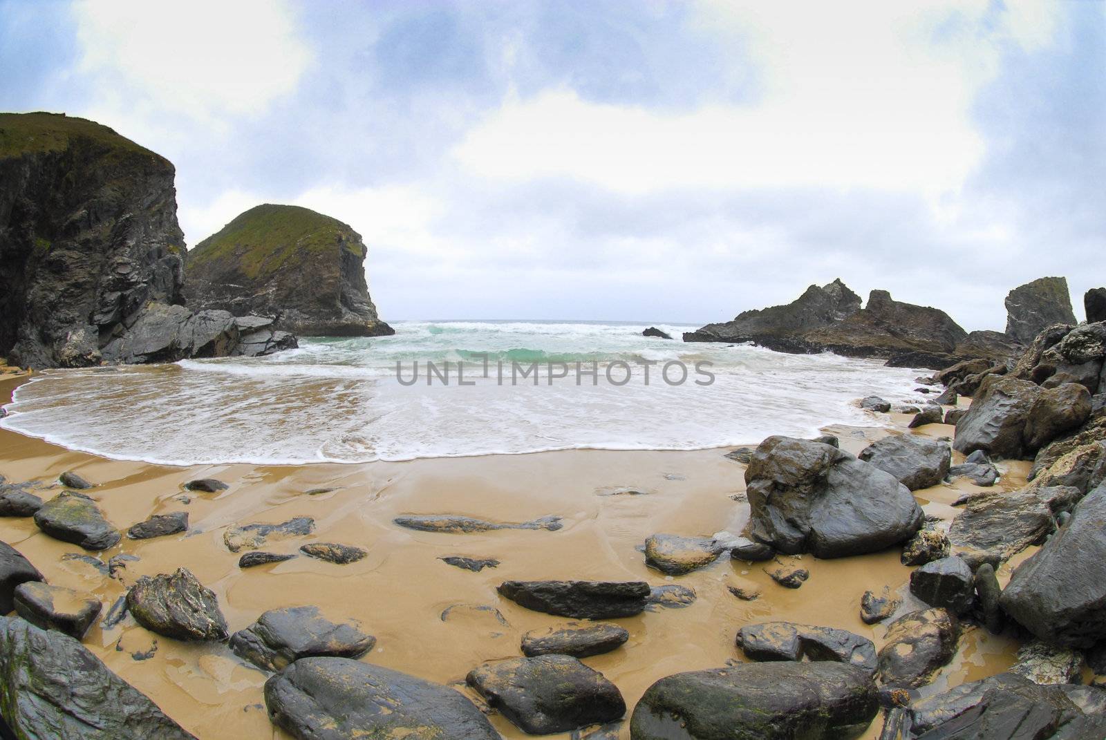 Tide coming in to Bedruthen Steps cove and Beach, North Corwall Coast