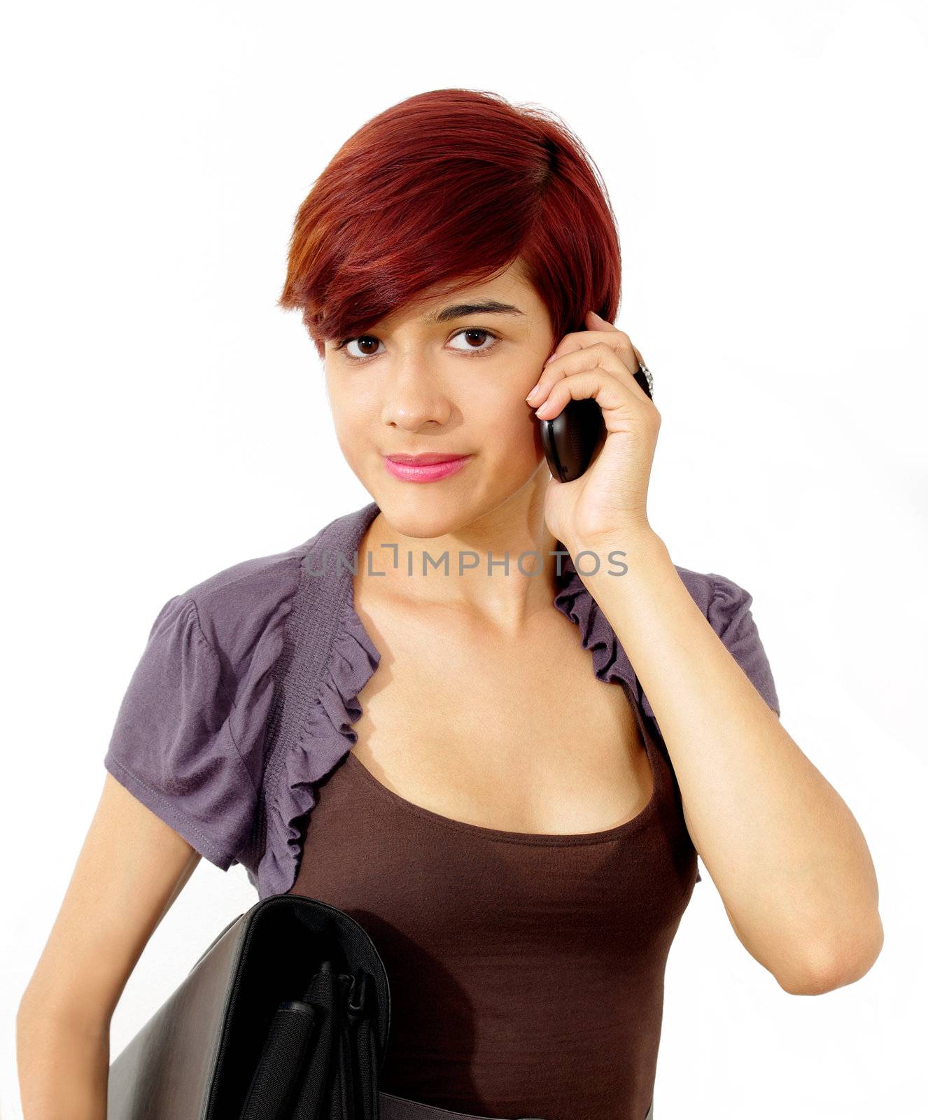 african american girl chatting on mobile cell phone. white background