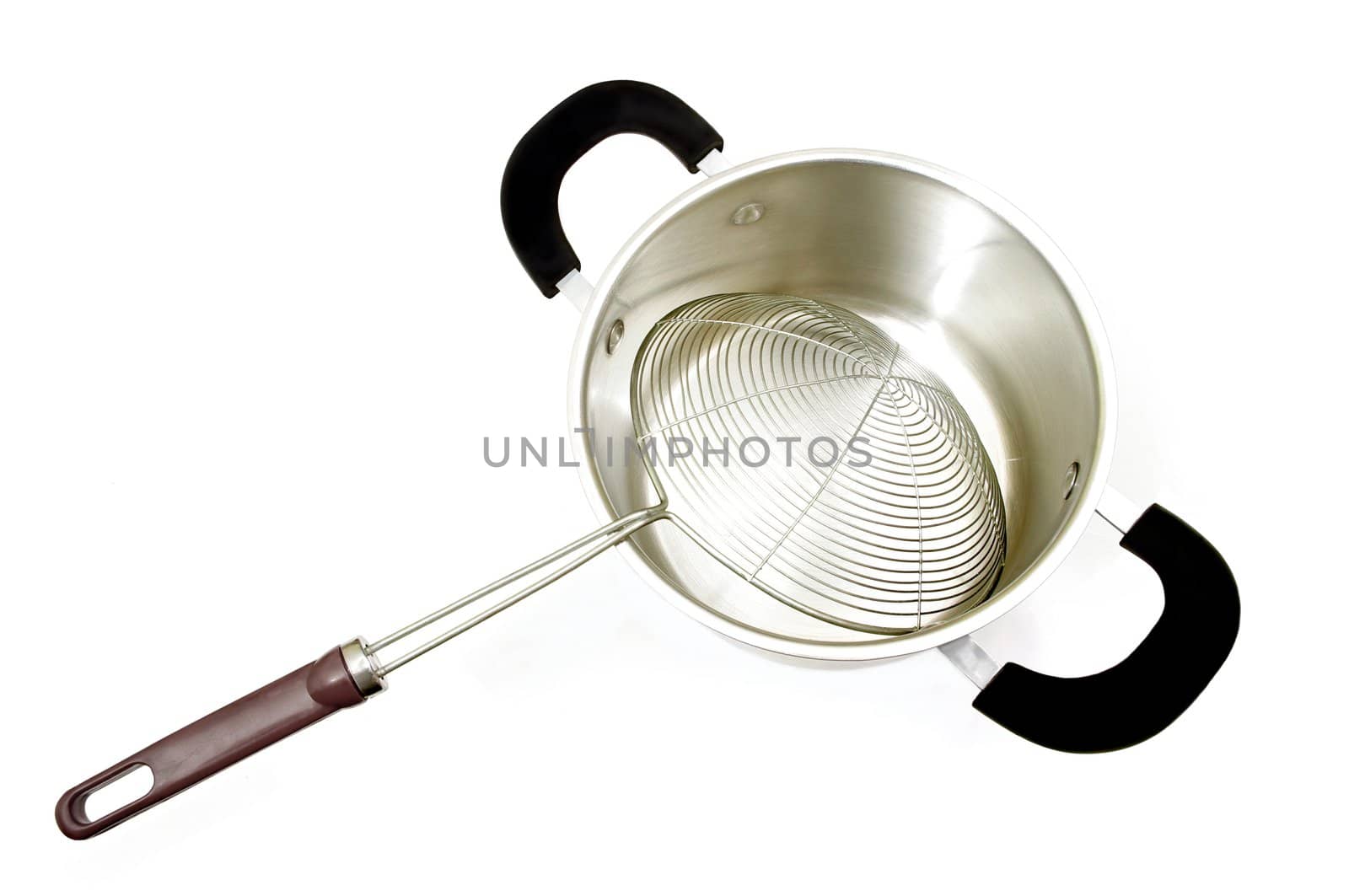 expensive cooking utensil of fine silver pot and metaliic strainer on white background