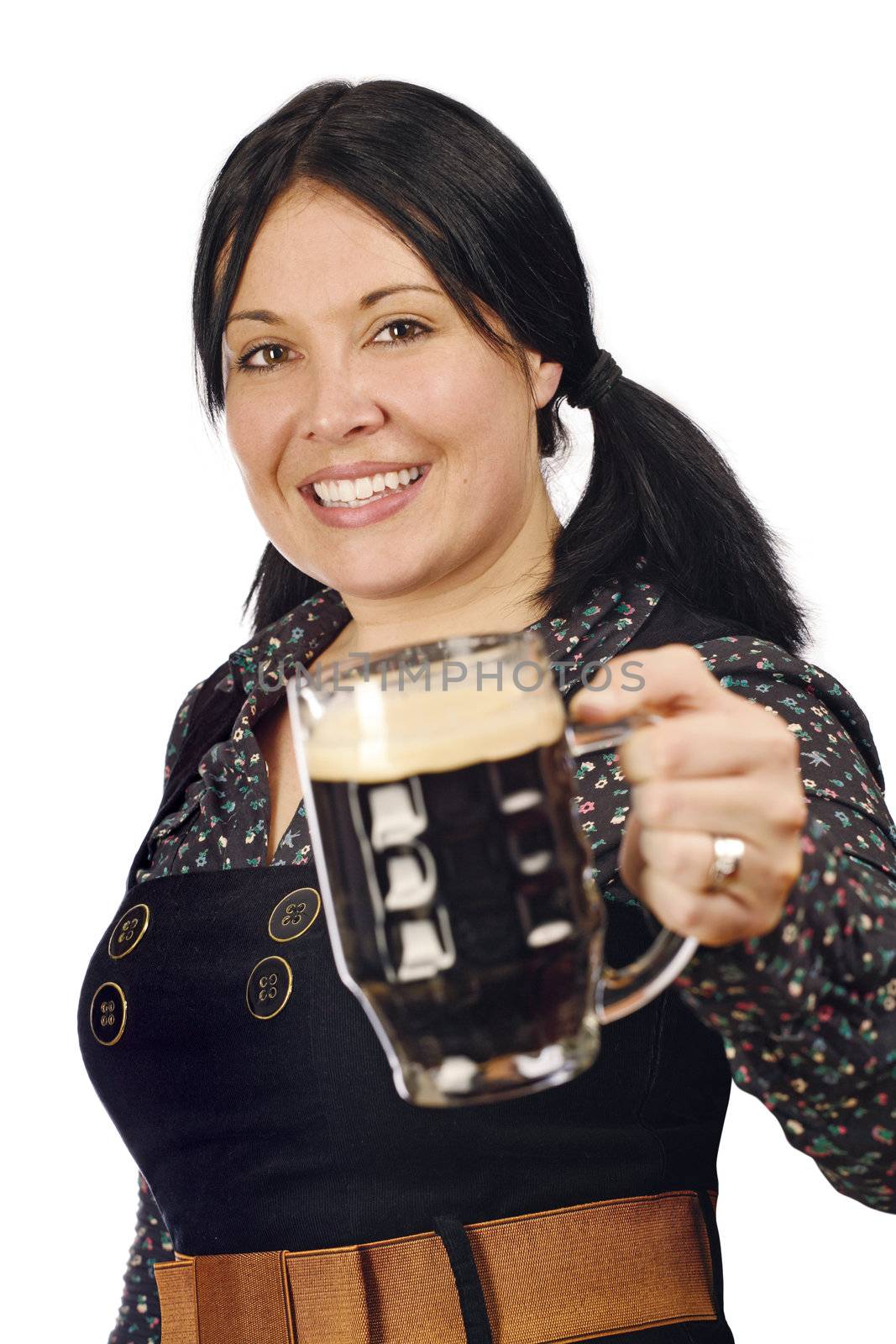 Female serving you a pint of stout.
