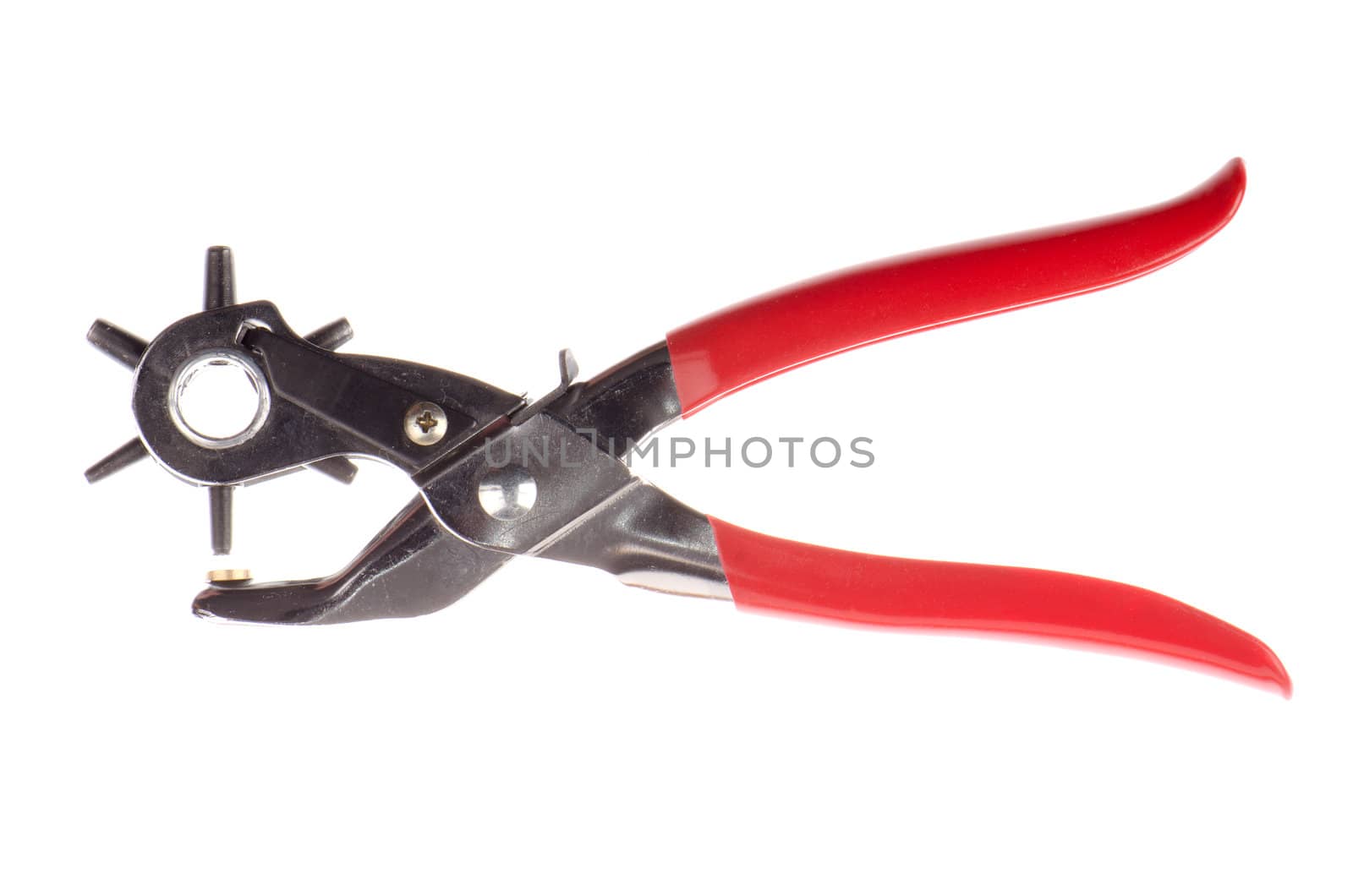 Tool used to pierce belts and shoes on white background.