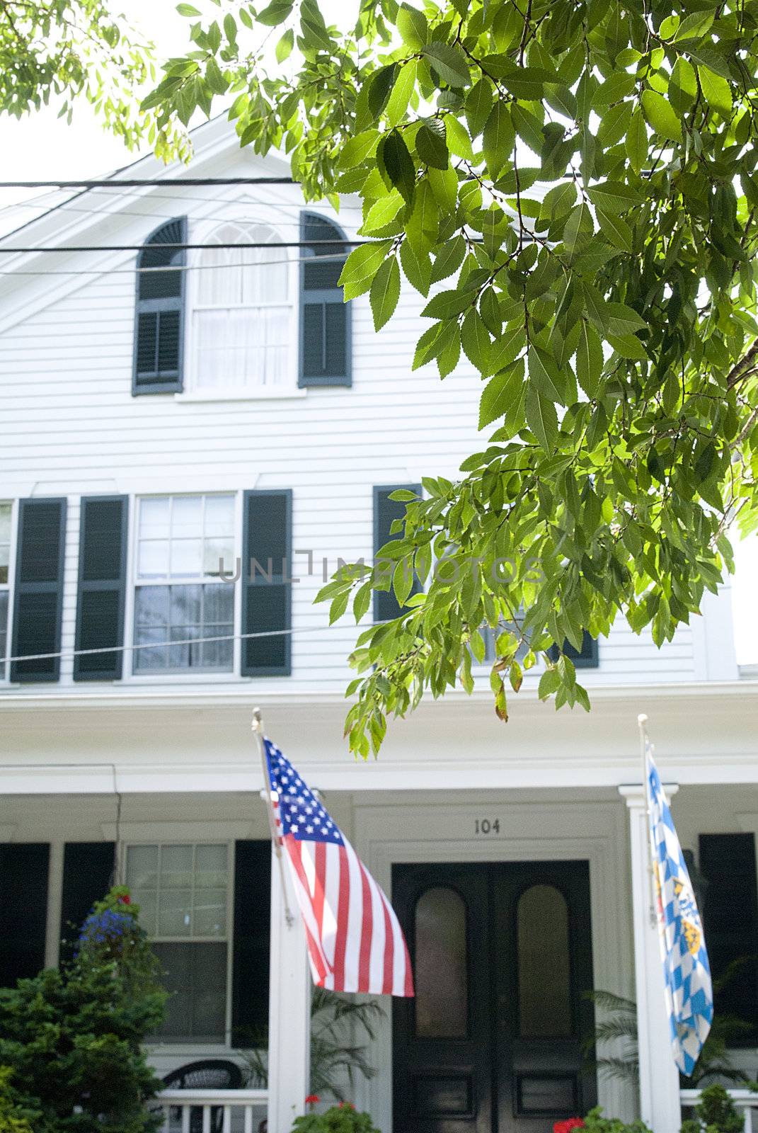 white wooden new england buildings with flags, framed with leaves by itsrich