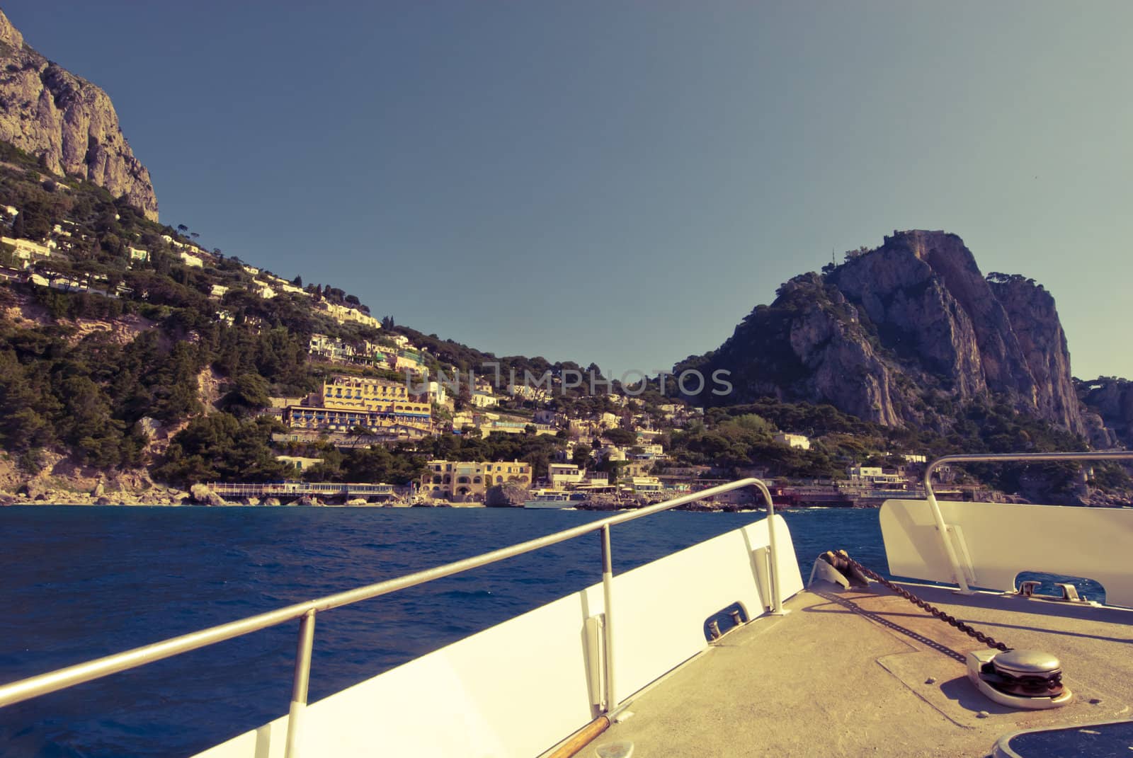 Vintage cooured bow of ship pointing at Marina Piccolo, Capri Italy