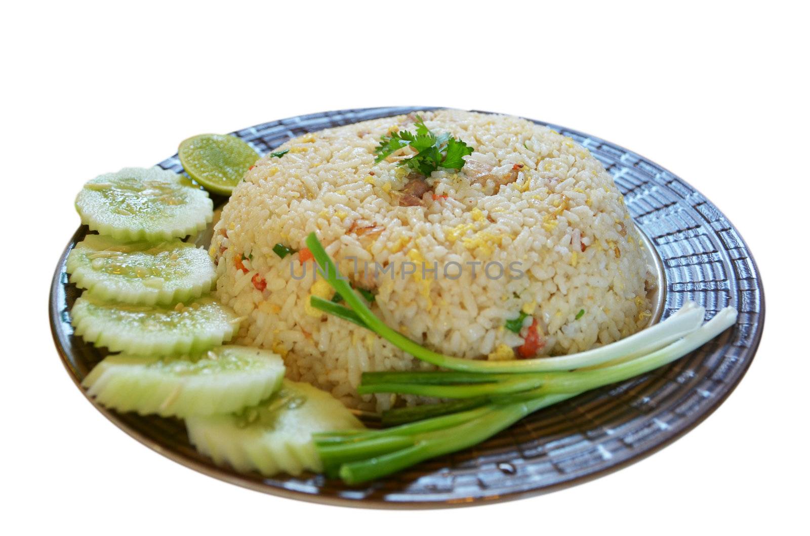 fried rice  served with cucumber and spring Onion