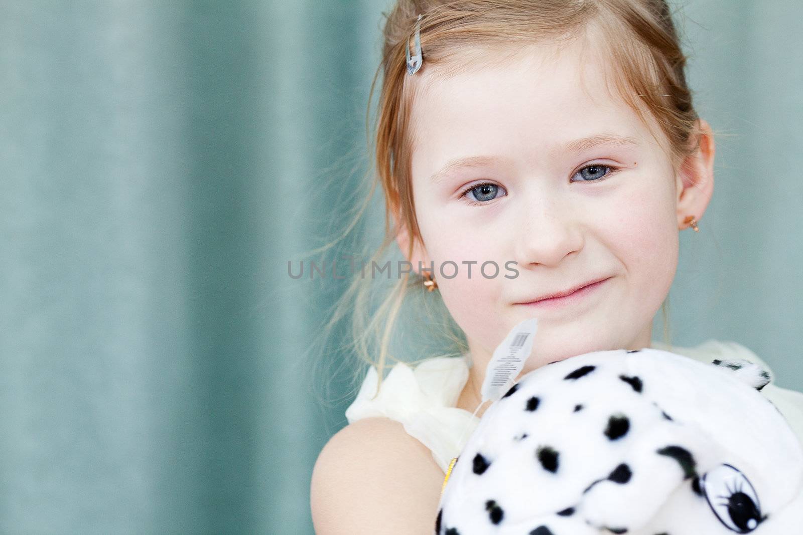 portrait of a beautiful little girl with a toy dog