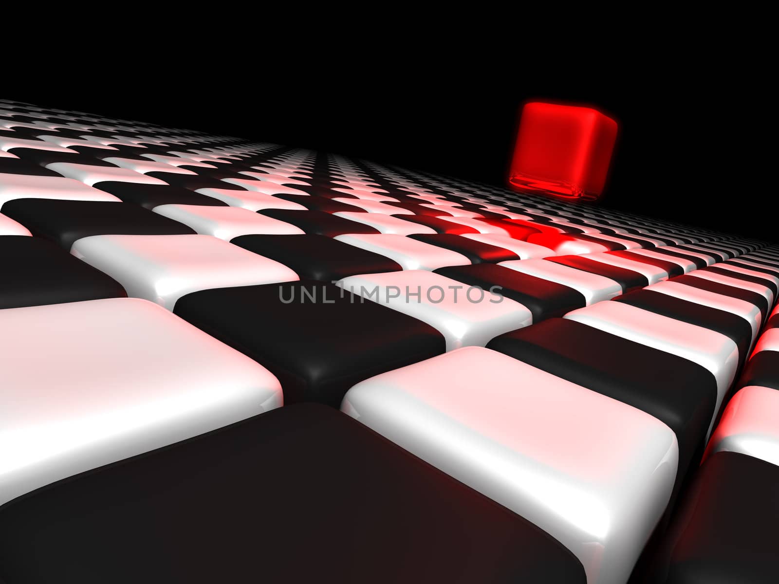 One Red cube alone above many other black and white cubes
