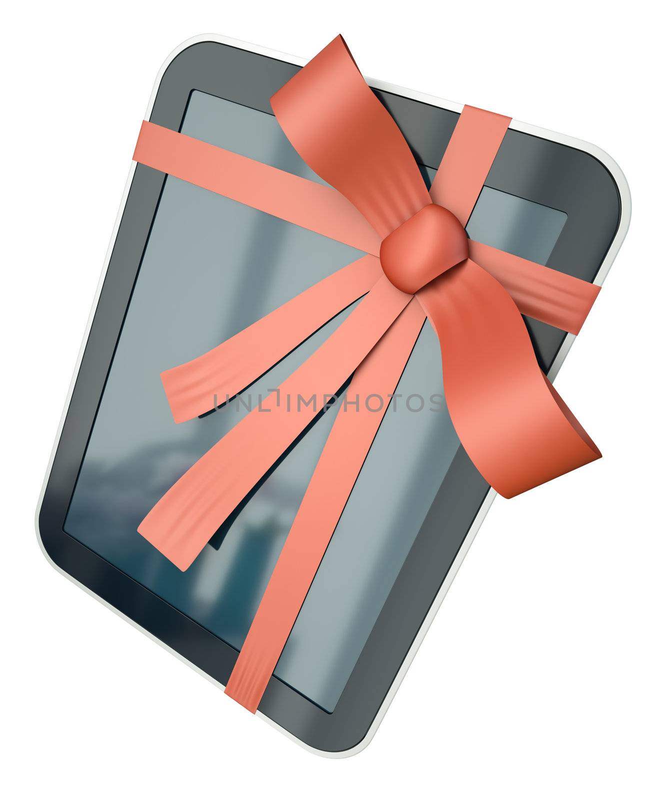 Tablet computer with red ribbon. 3D rendered image