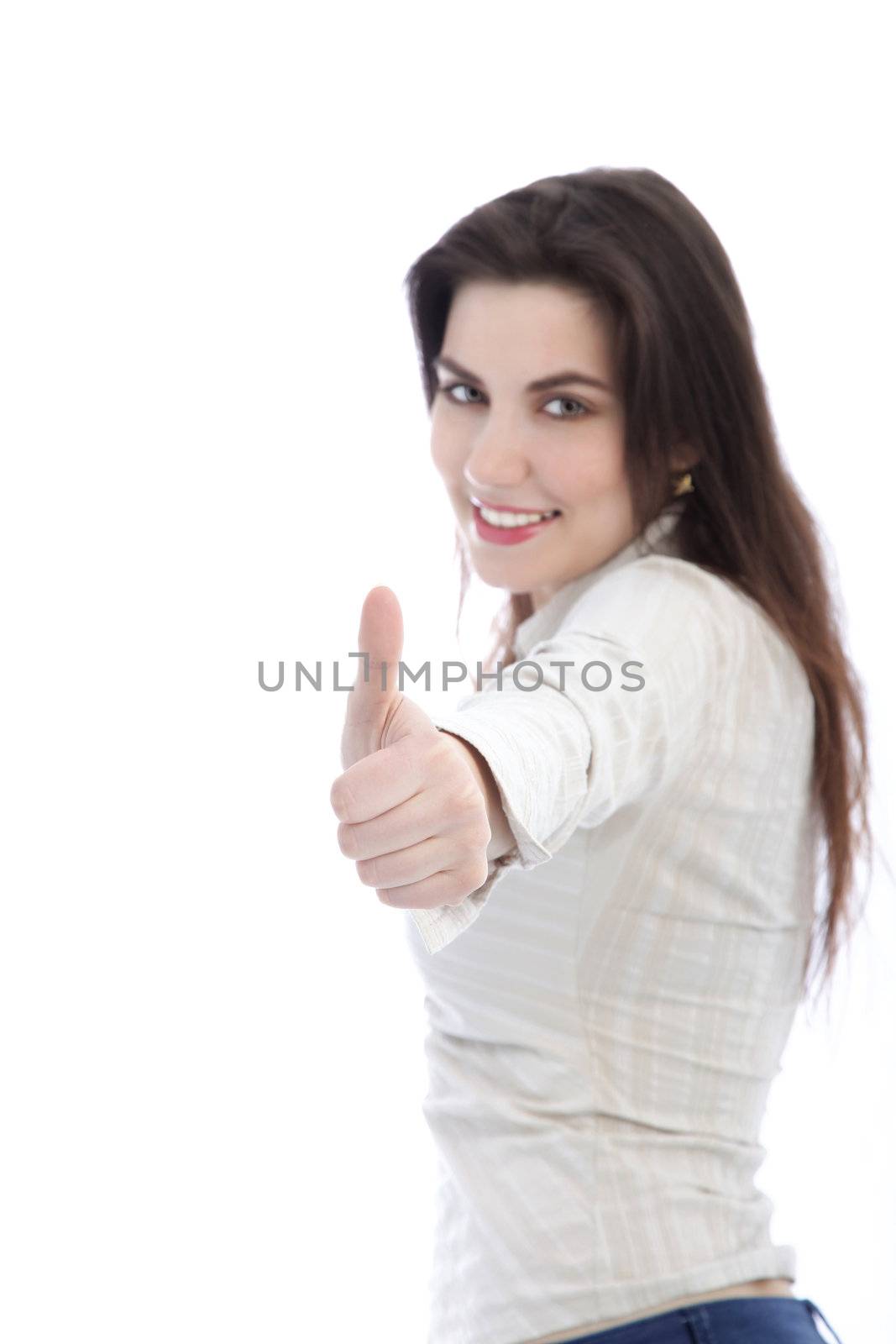 Smiling woman in a thumbs up portrait against the white background