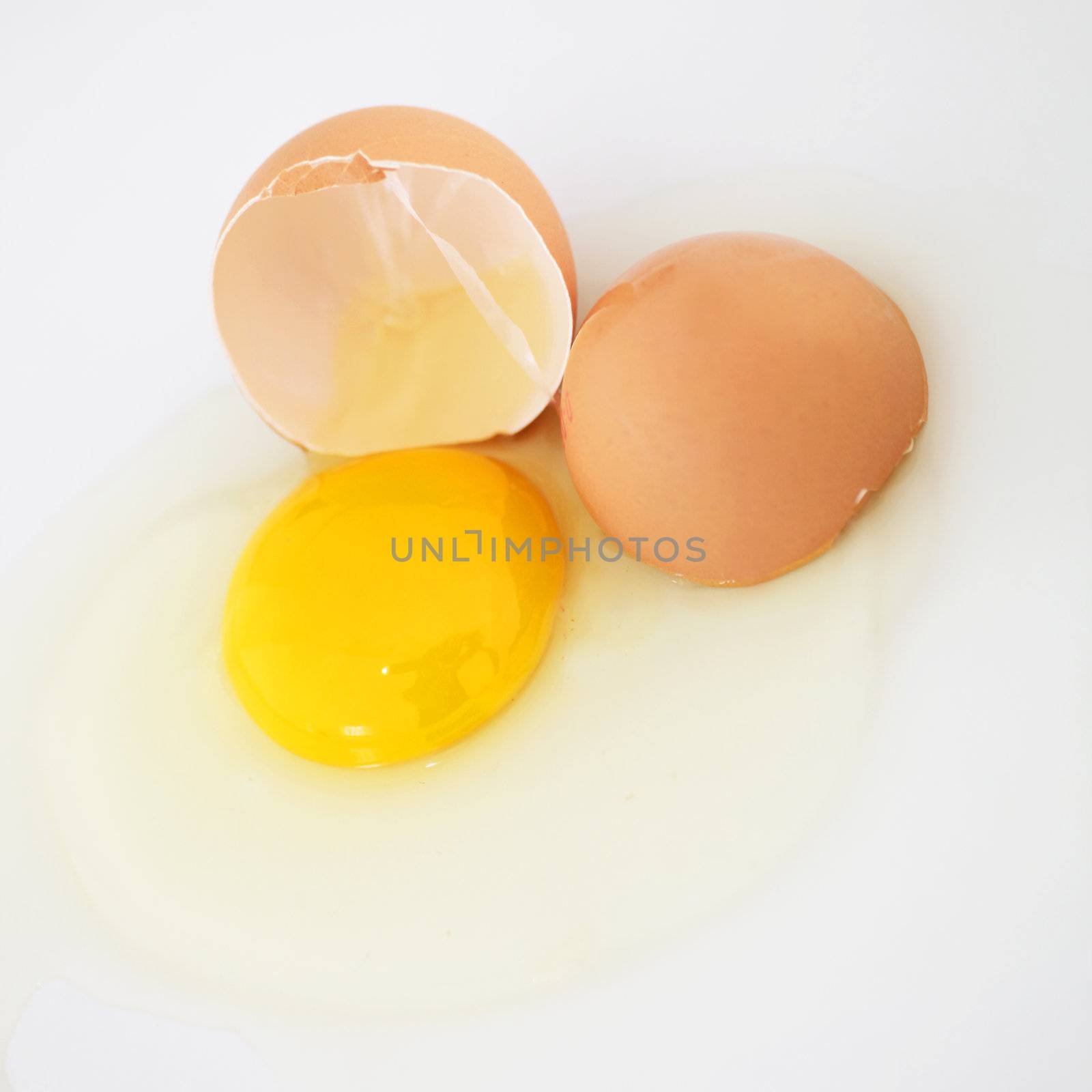Cracked fresh hens egg with the bright yellow yolk and transparent albumin or egg white running over a white background