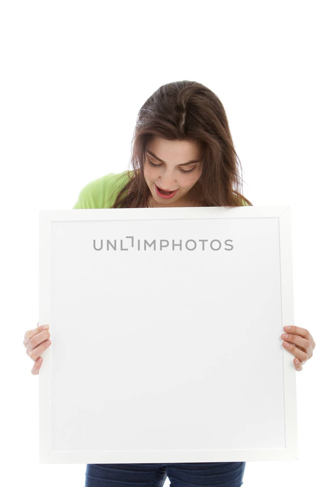 Looking down woman holding a blank white board isolated on