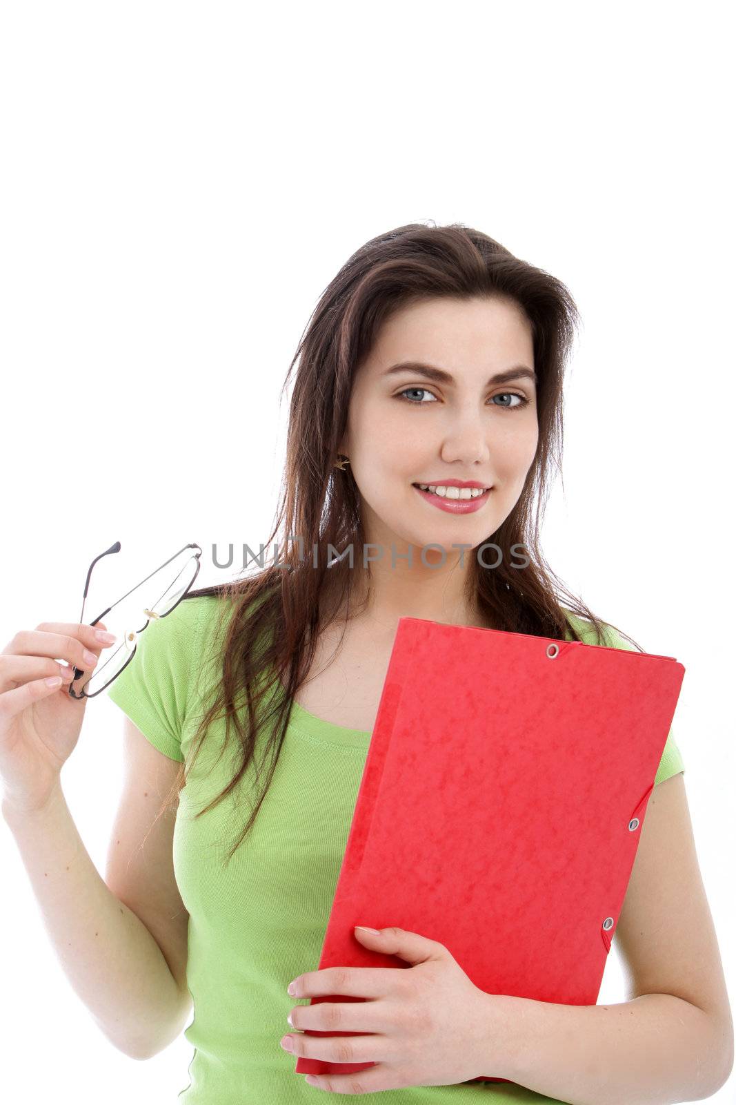 Smiling woman holding red folder and glasses over the white background