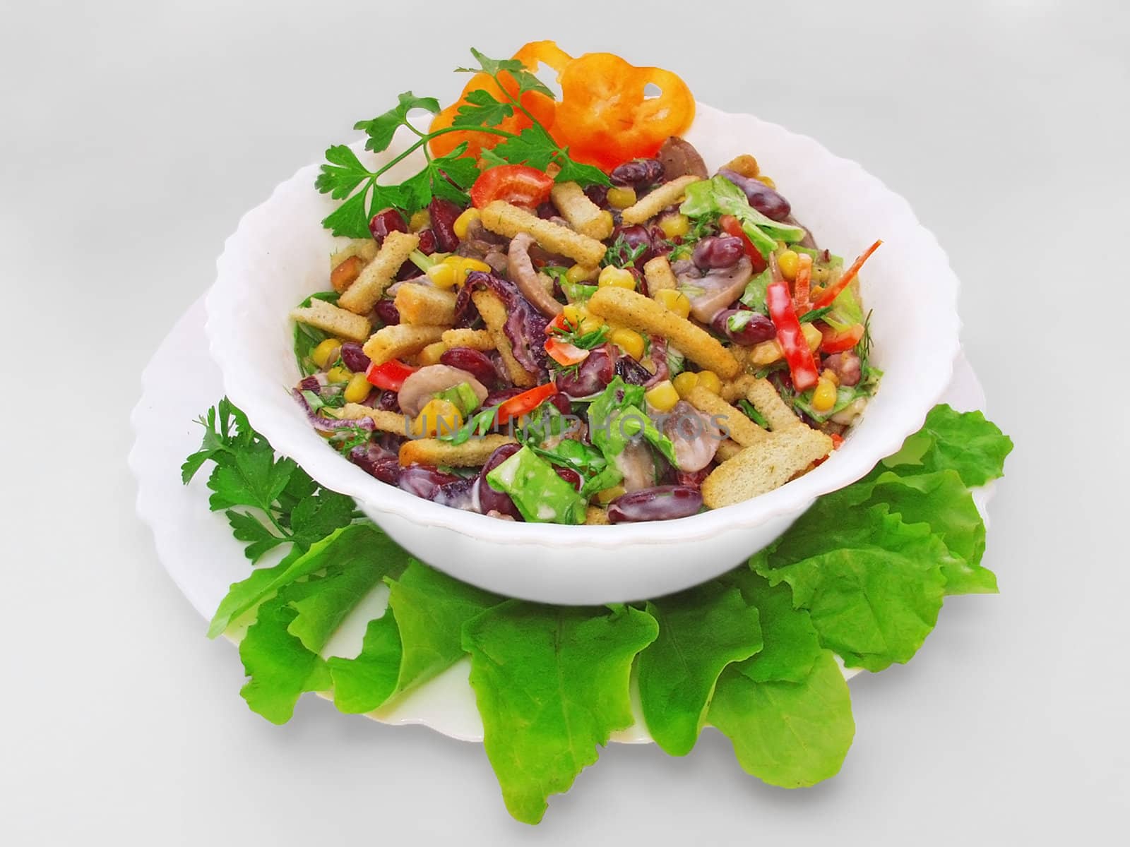 Vegetable salad in a plate on a white background