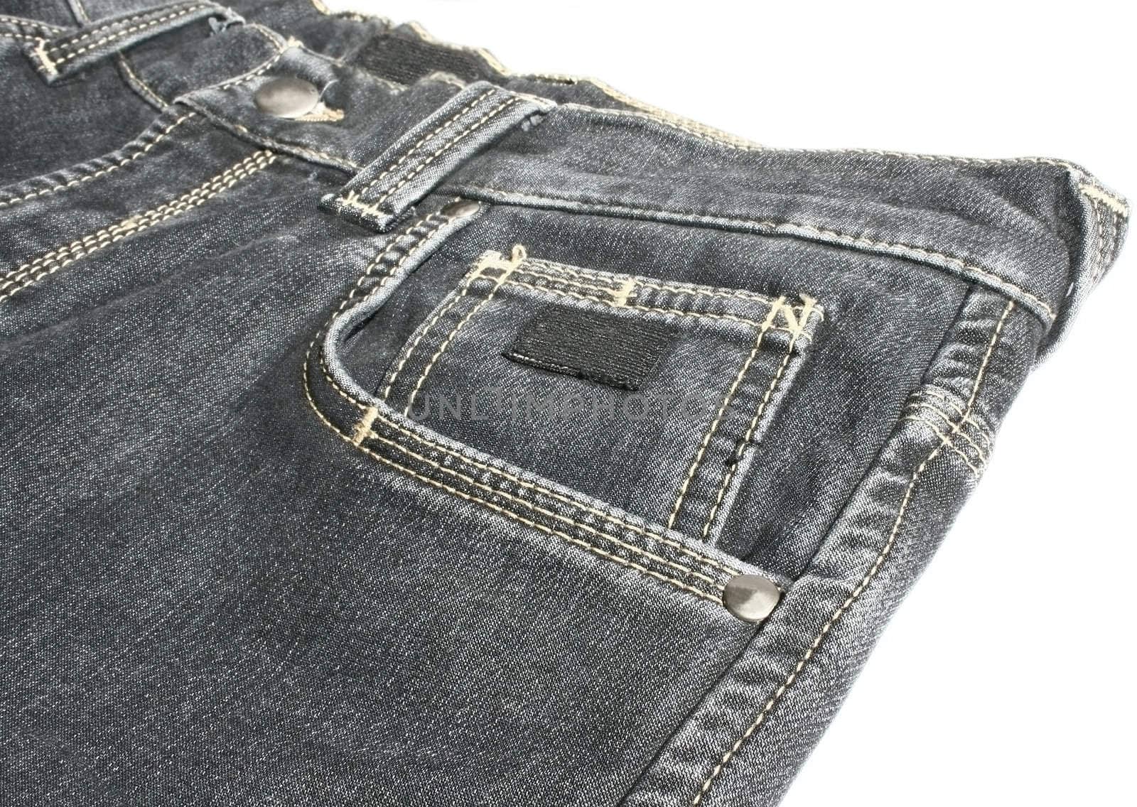 The top part of jeans on a white background.