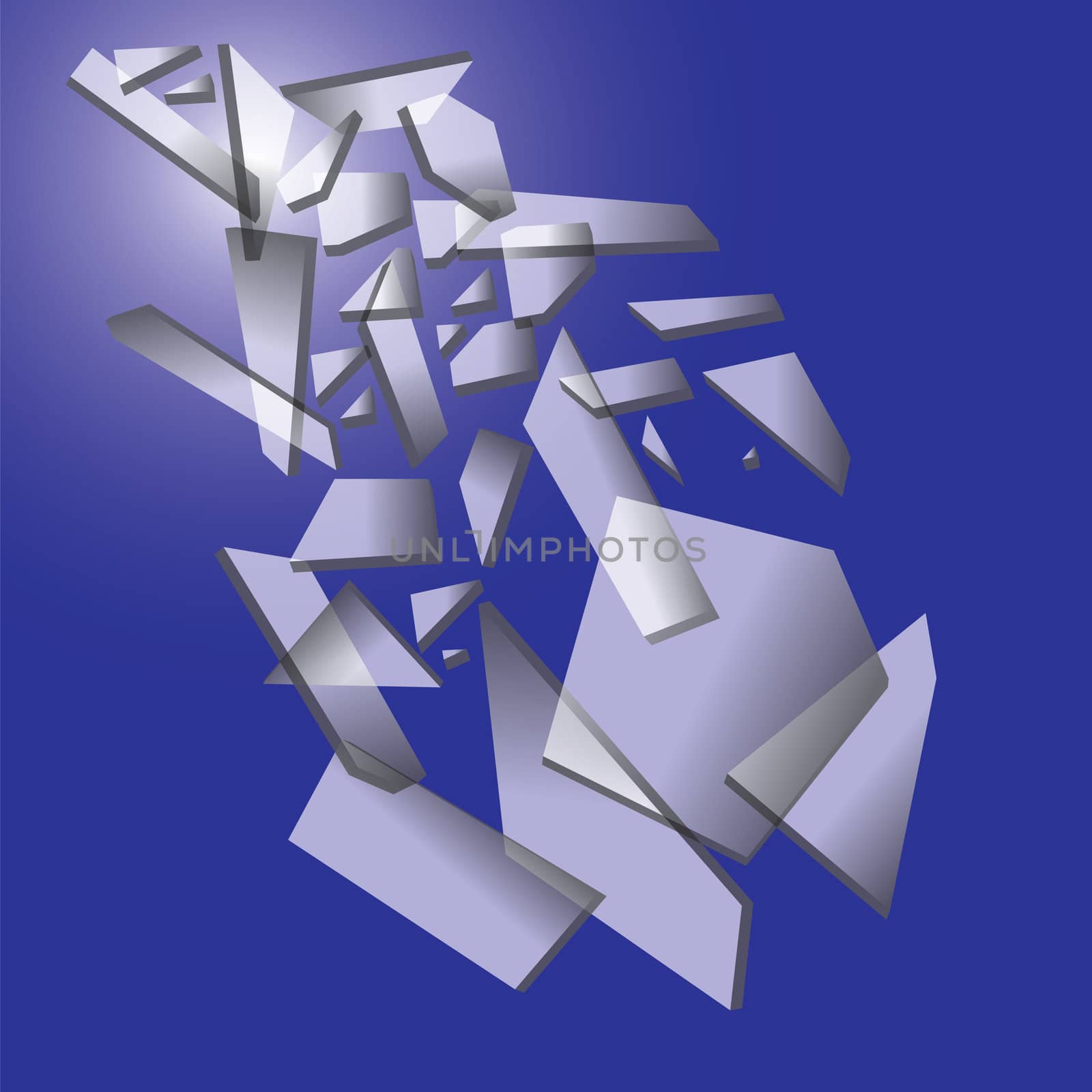 Falling pieces of broken glass on blue background. Vector illustration.