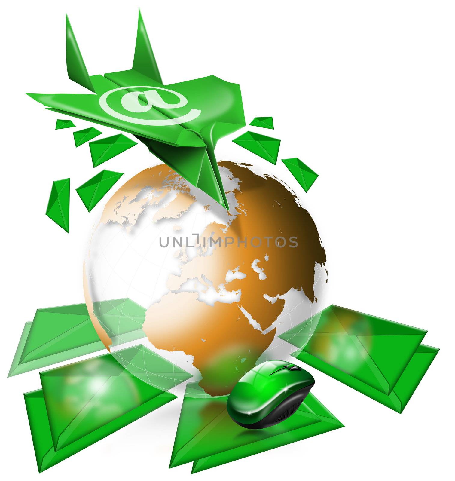 E-mail marketing concept on white background with green paper airplane