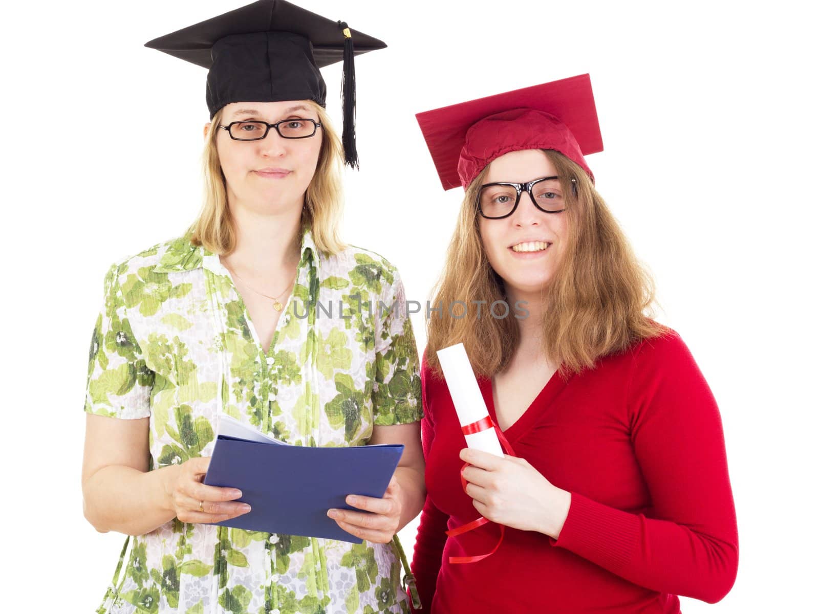 Two happy female graduates by gwolters