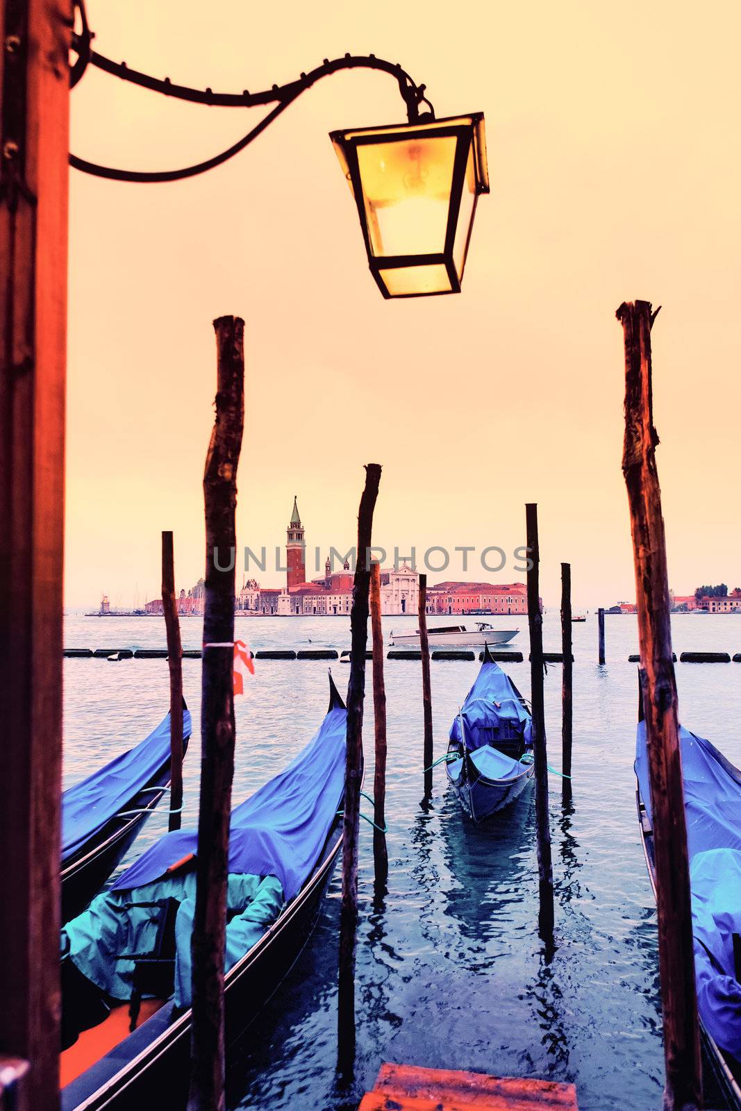 View of San Giorgio maggiore with gondolas. From San marco. 