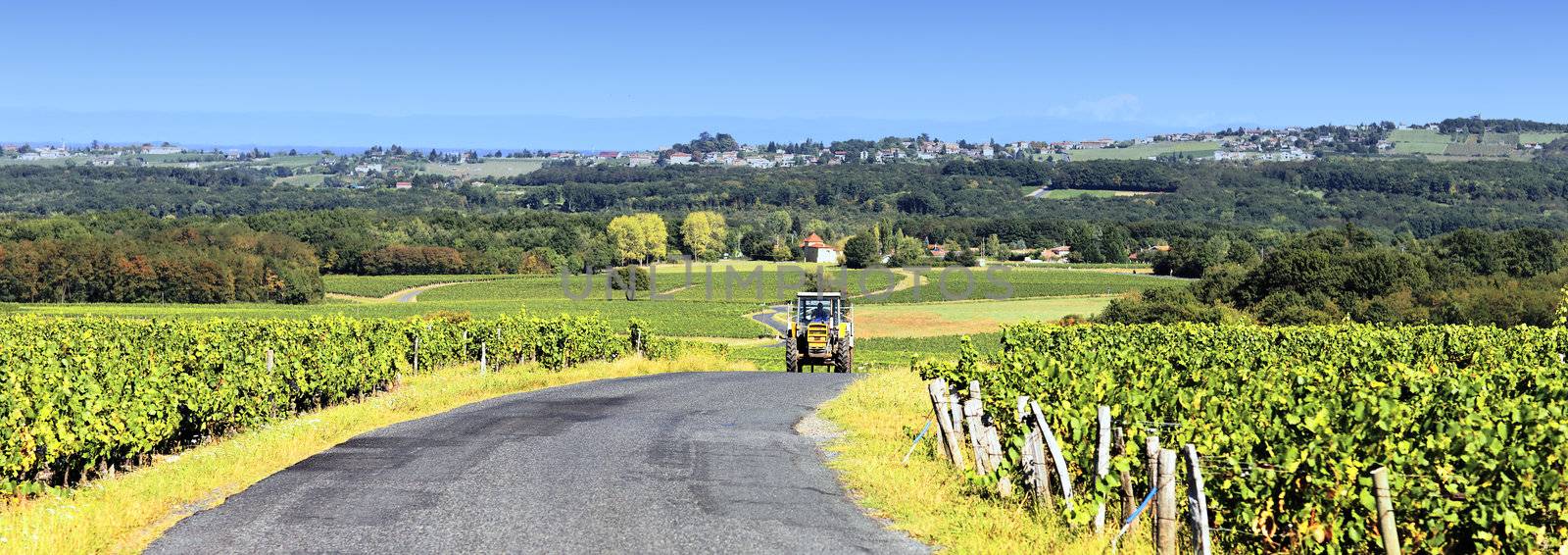 tractor with trailer on the road in autumn, panoramic view