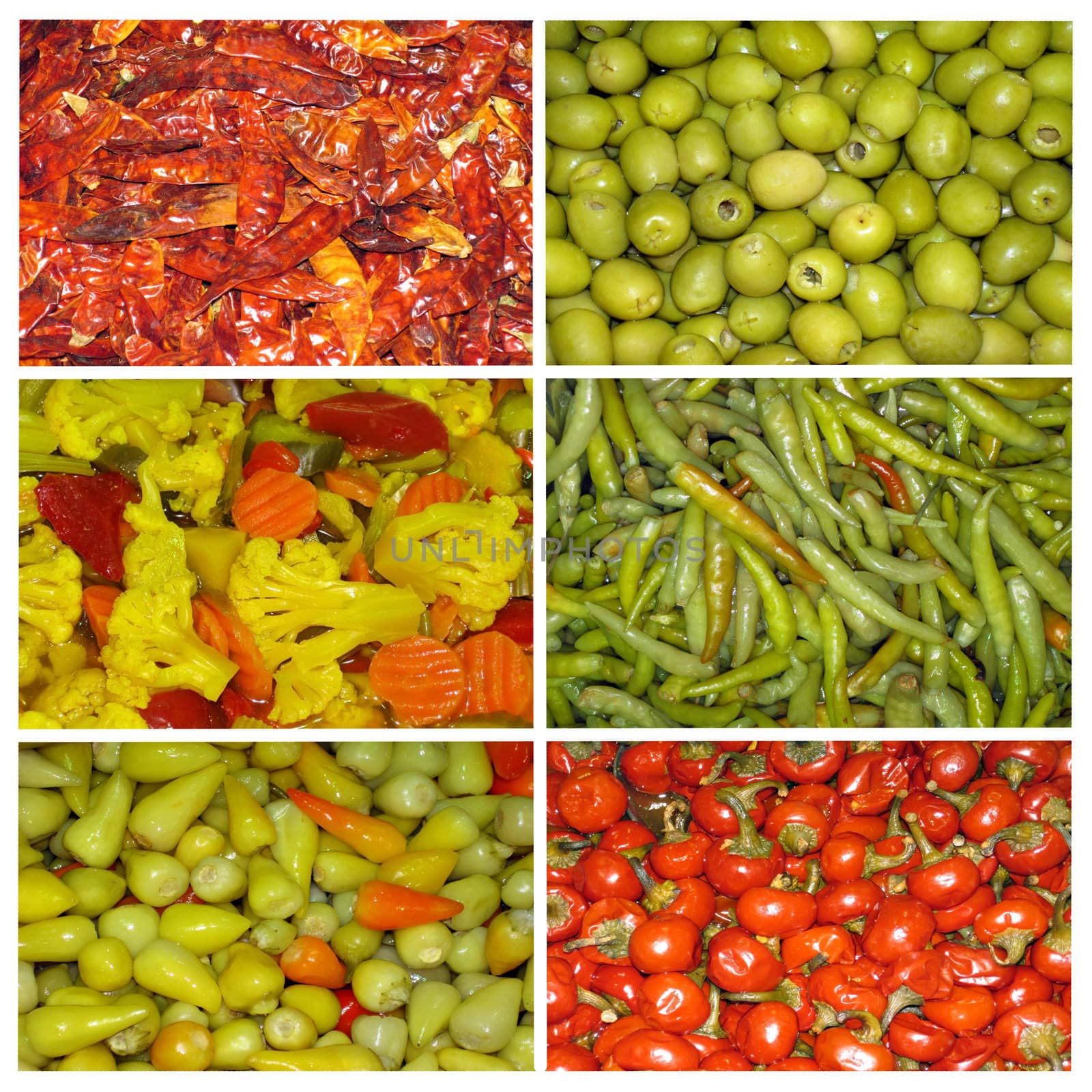 Agricultural background, colorful marinated vegetables