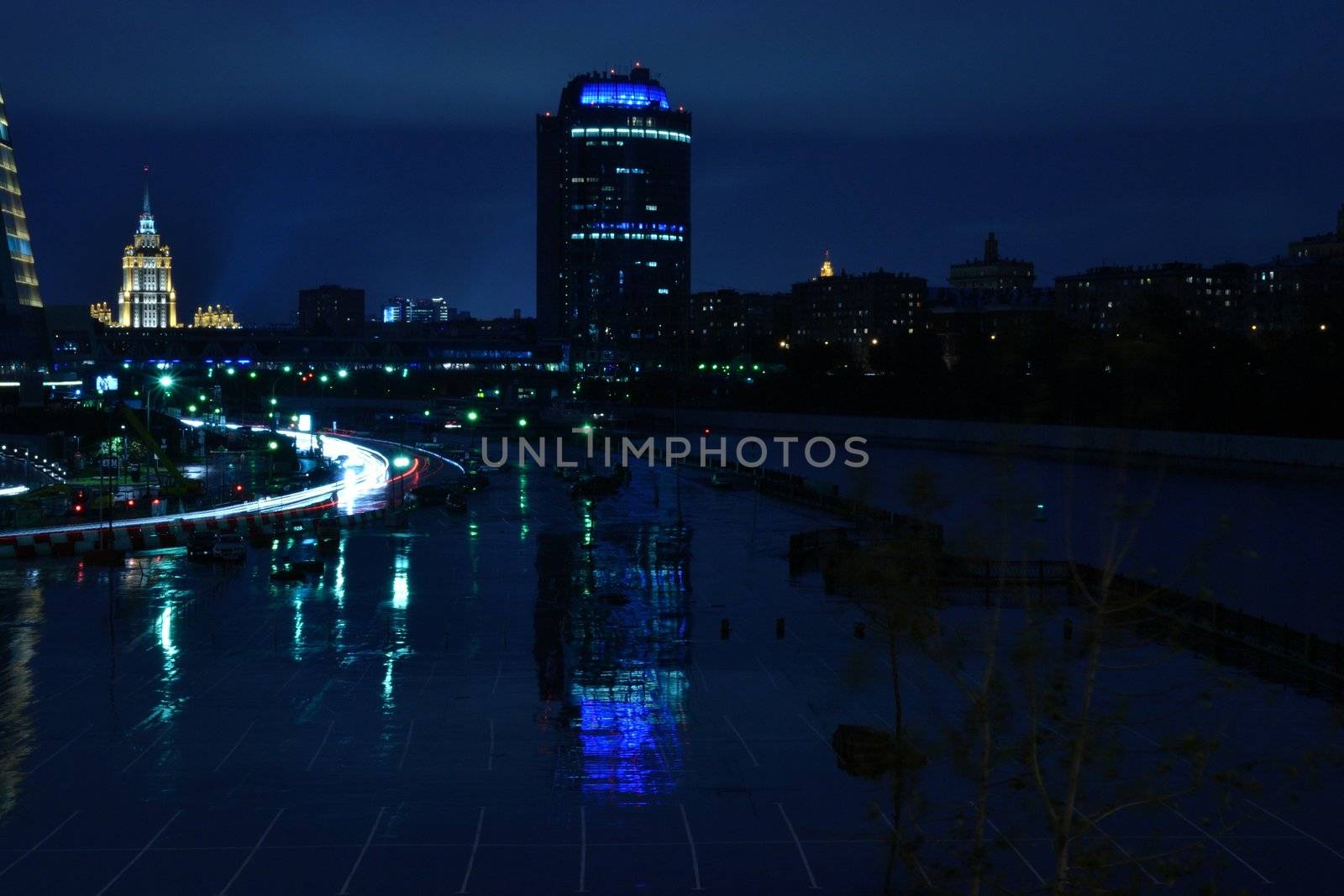 Night view of the Moscow (Moscva) river  and city lights reflected in the water