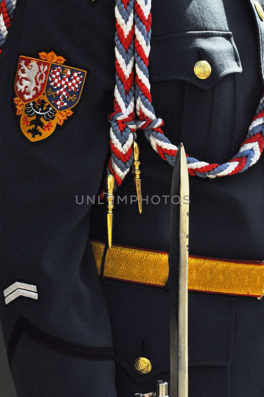 This is detail of cloth Prague Castle guards with czech symbol.