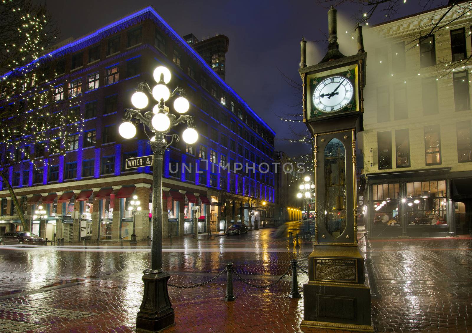 Gastown Steam Clock in Vancouver BC Canada on a Rainy Night