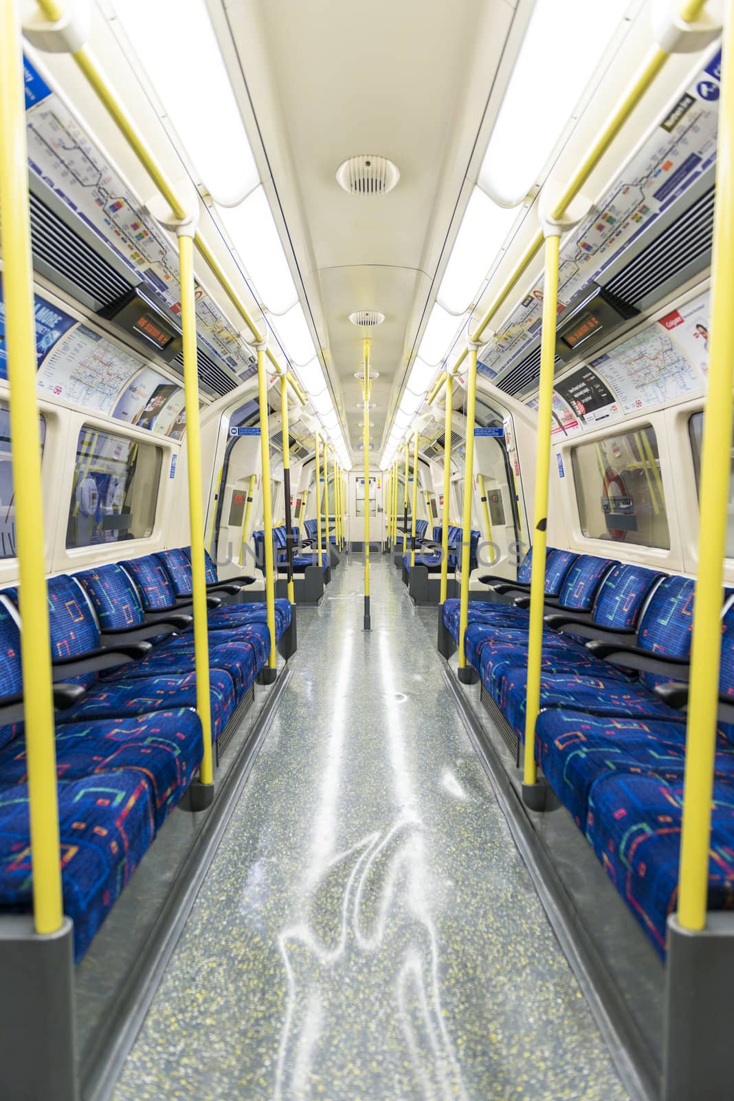 LONDON, UK - APRIL 07: Interior of empty Northern line underground train. April 07, 2013 in London.