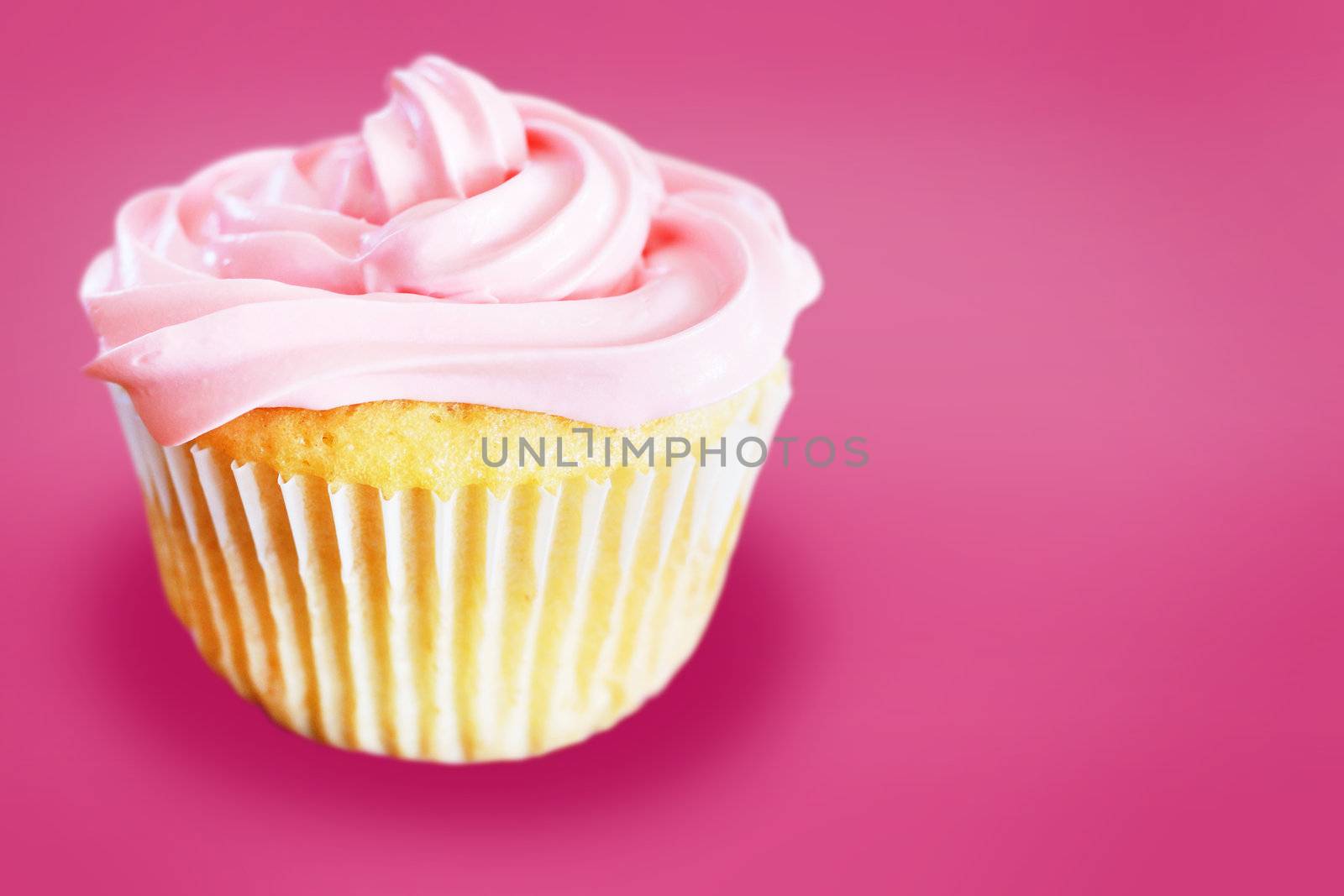 Vanilla cupcake with pink frosting over same color background