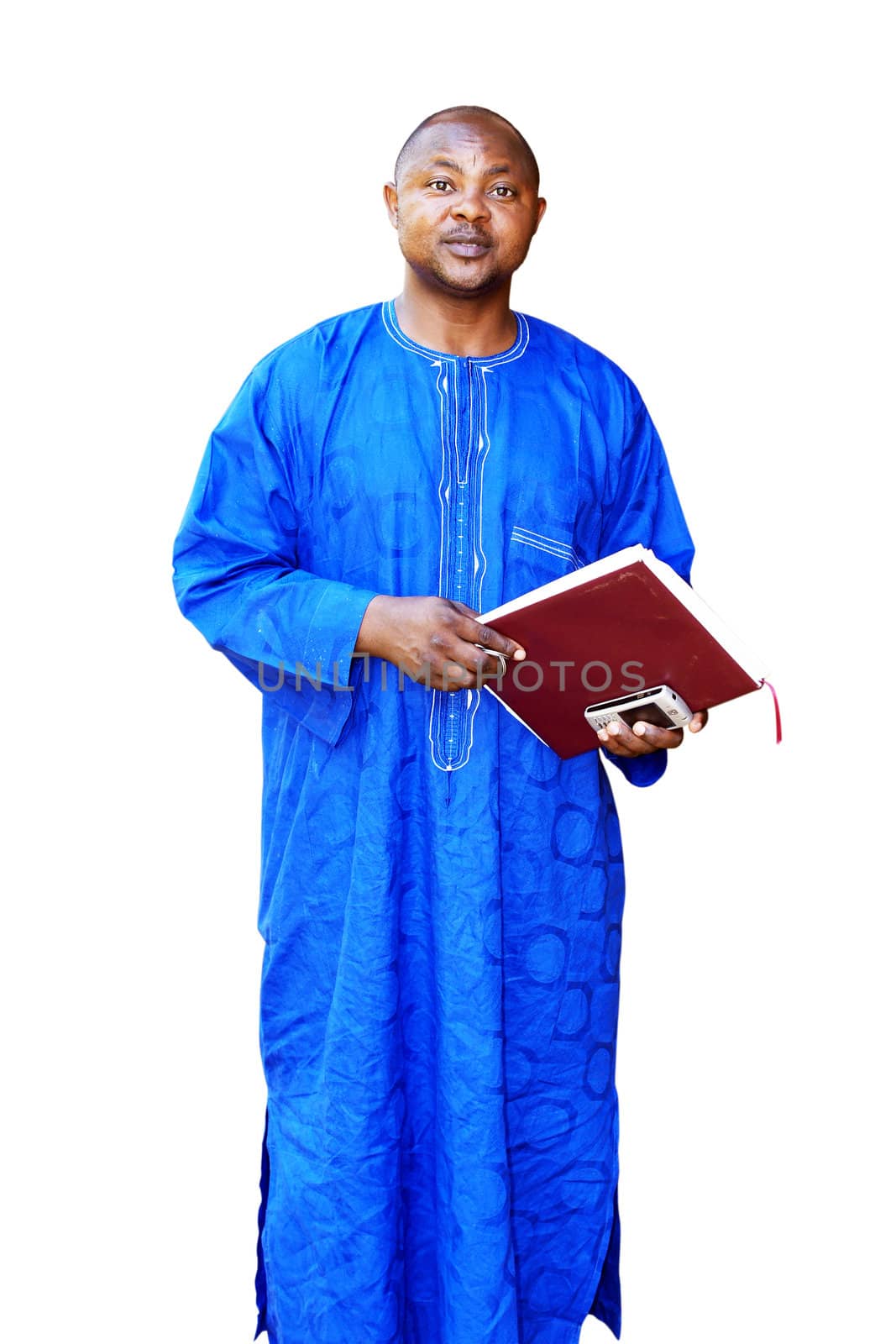 African business man in blue traditional or ethnic clothes isolated on white