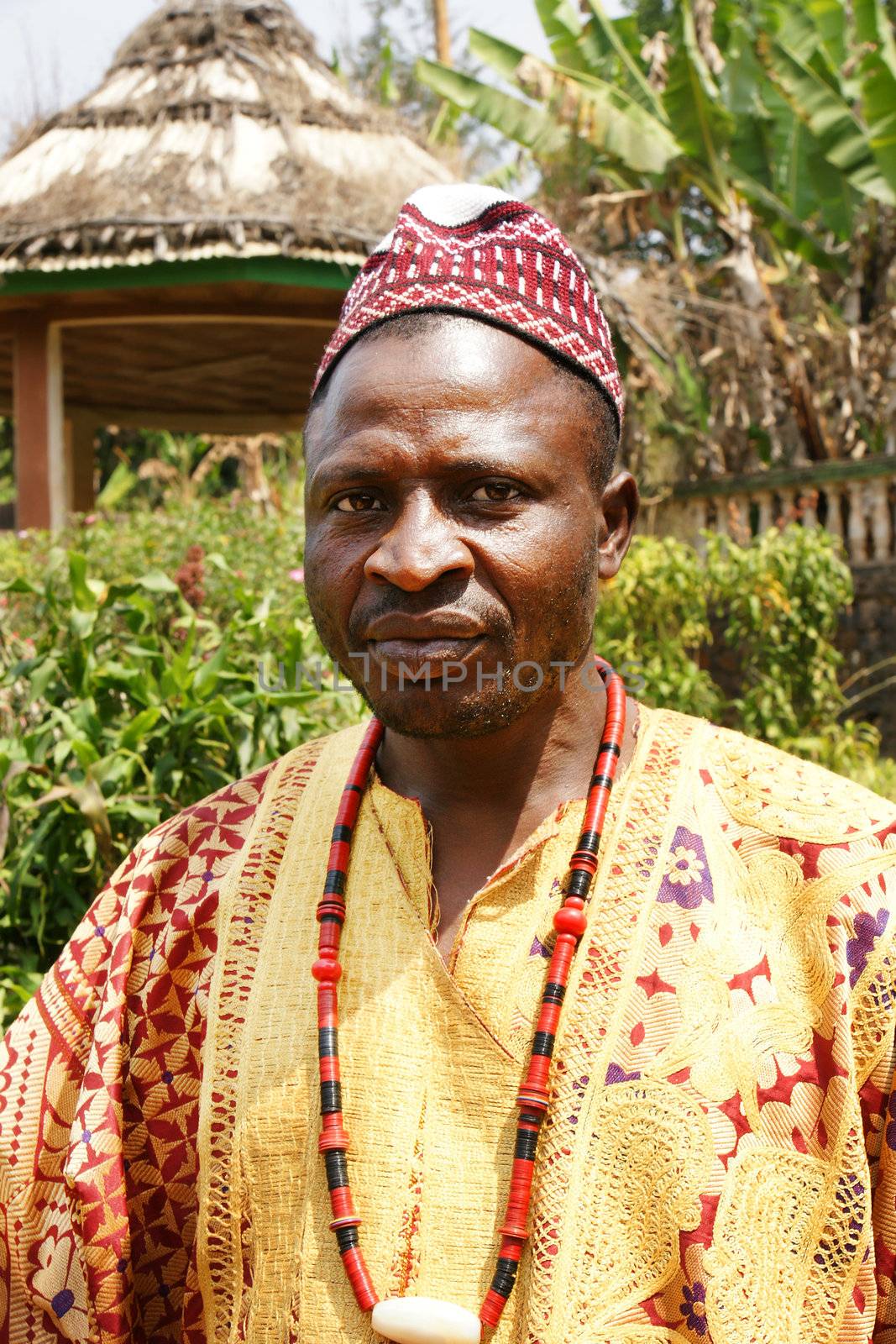 AFRICA,CAMEROON, FONGO-TONGO - JANUARY 20: portrait of an African village Chief posing in traditional Bamileke clothes on January, 20, 2013 Cameroon. The Bamileke tribe is the dominant ethnic group in Cameroon's West and Northwest Provinces where tourism is a growing part of the economy.