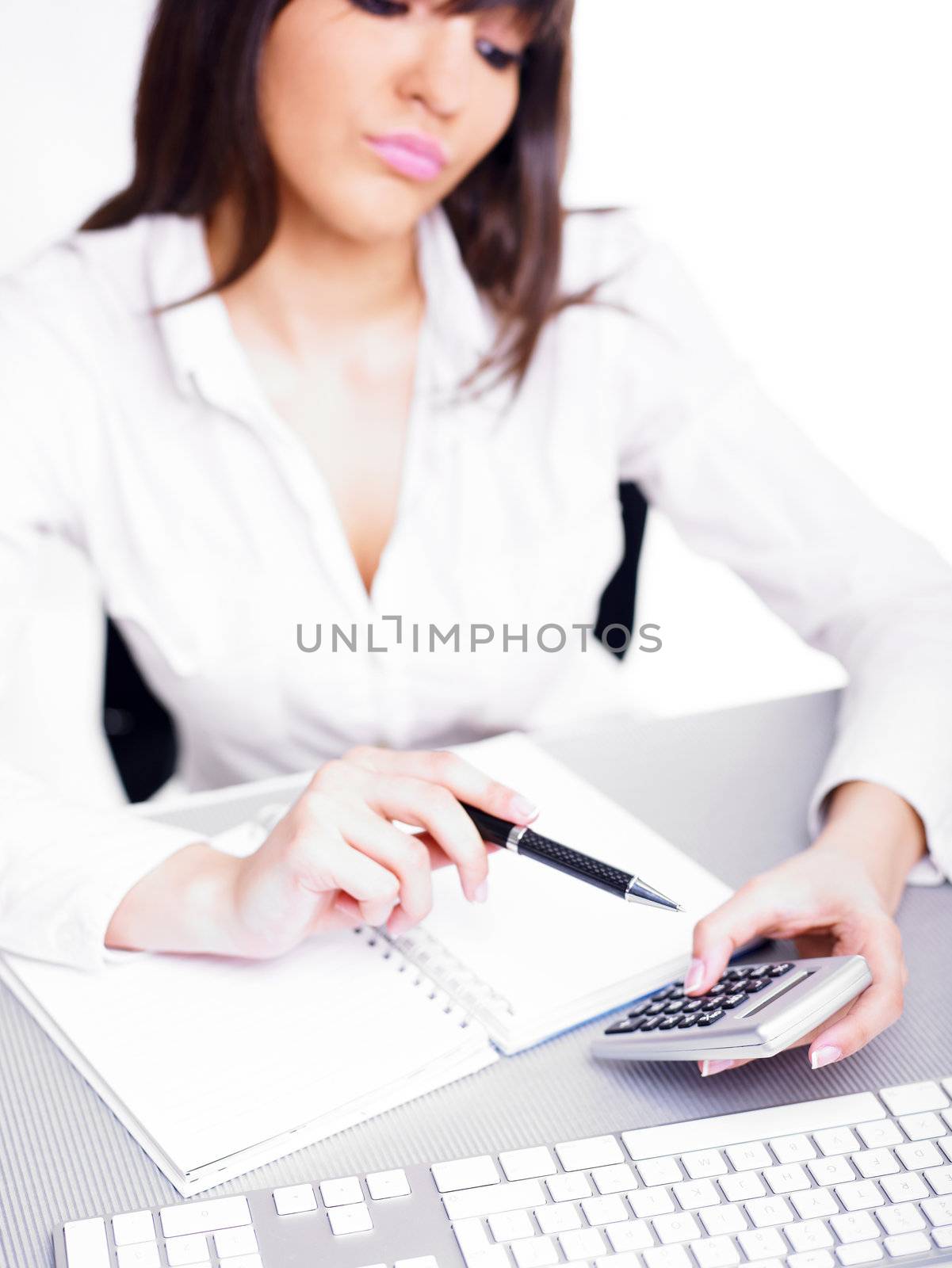 Office worker woman calculating with calculator
