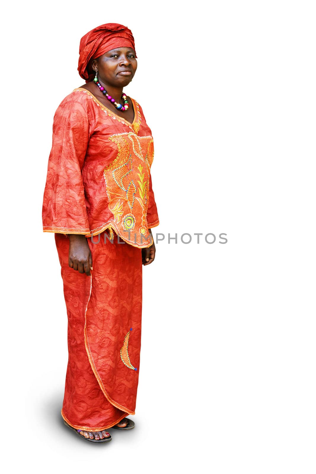 Full body of African woman in traditional clothing isolated on white