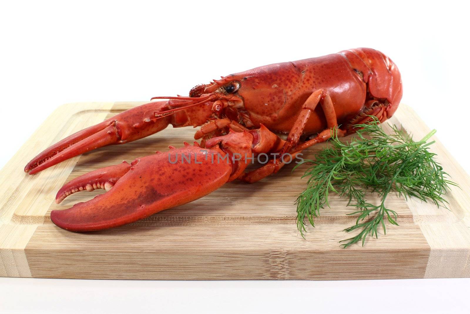 a lobster with dill on a wooden board