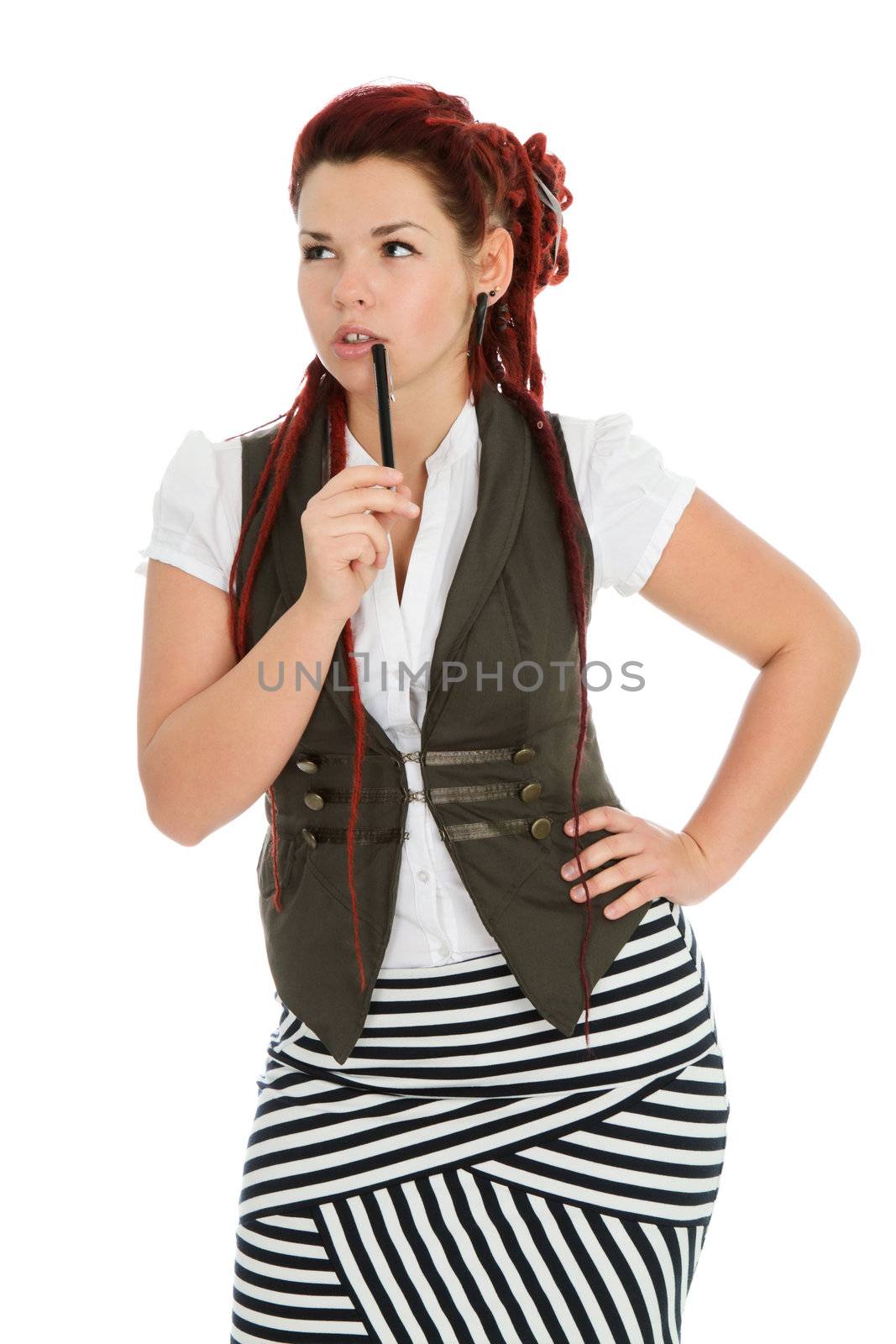 Beautiful accountant with pen wearing vest and striped skirt isolated on white background 