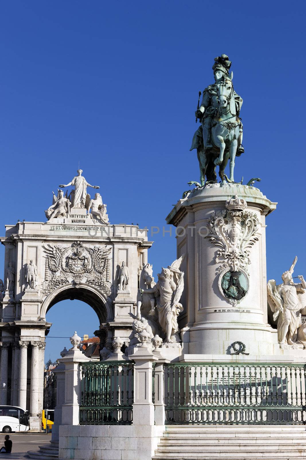 famous statue and arch on commerce square in Lisbon, Portugal