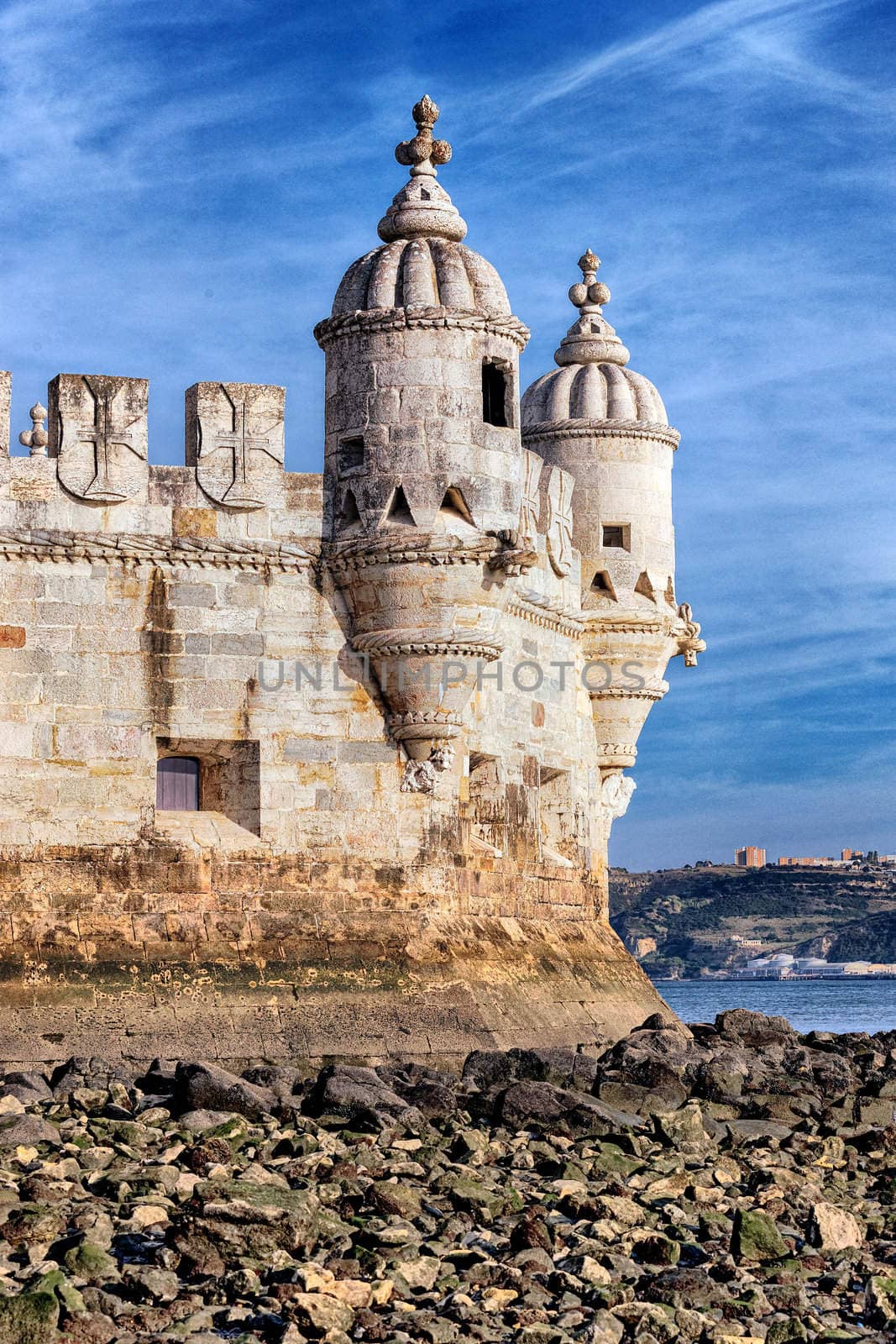 part of Belem Tower in evening. Lisbon, Portugal. 