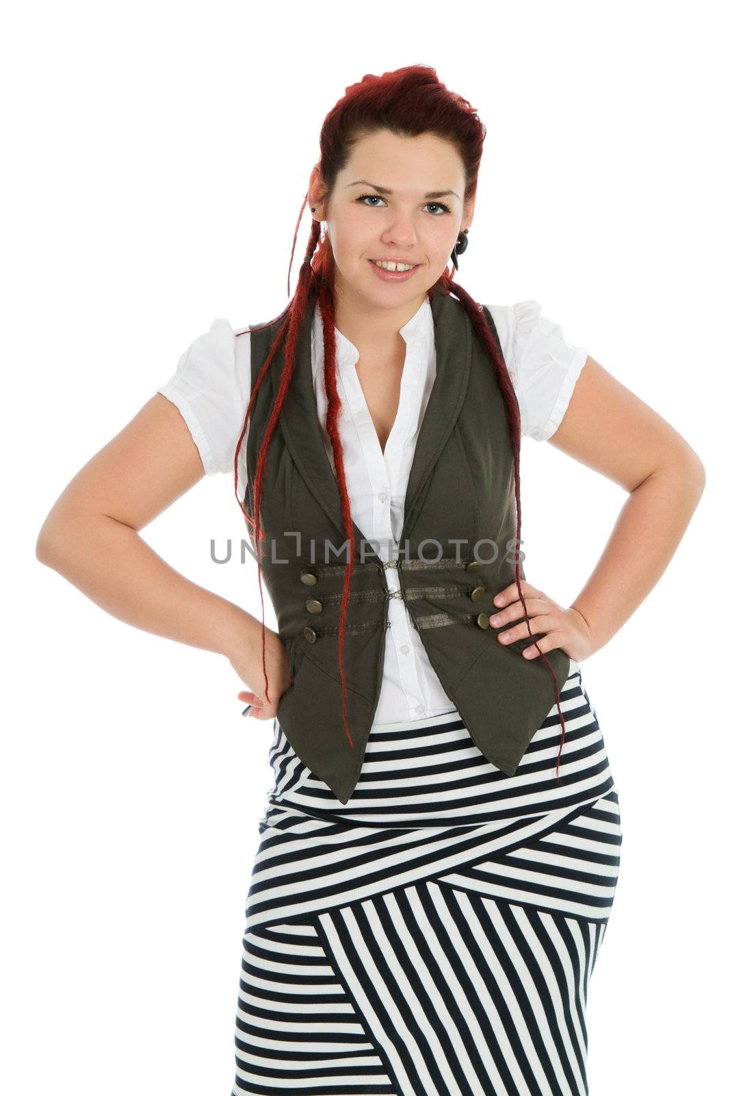 Young beautiful woman wearing striped skirt isolated on white background 