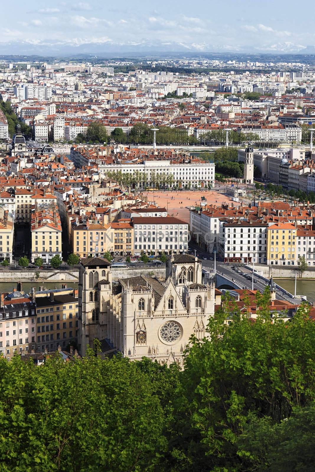 aerial view of Lyon city in summer