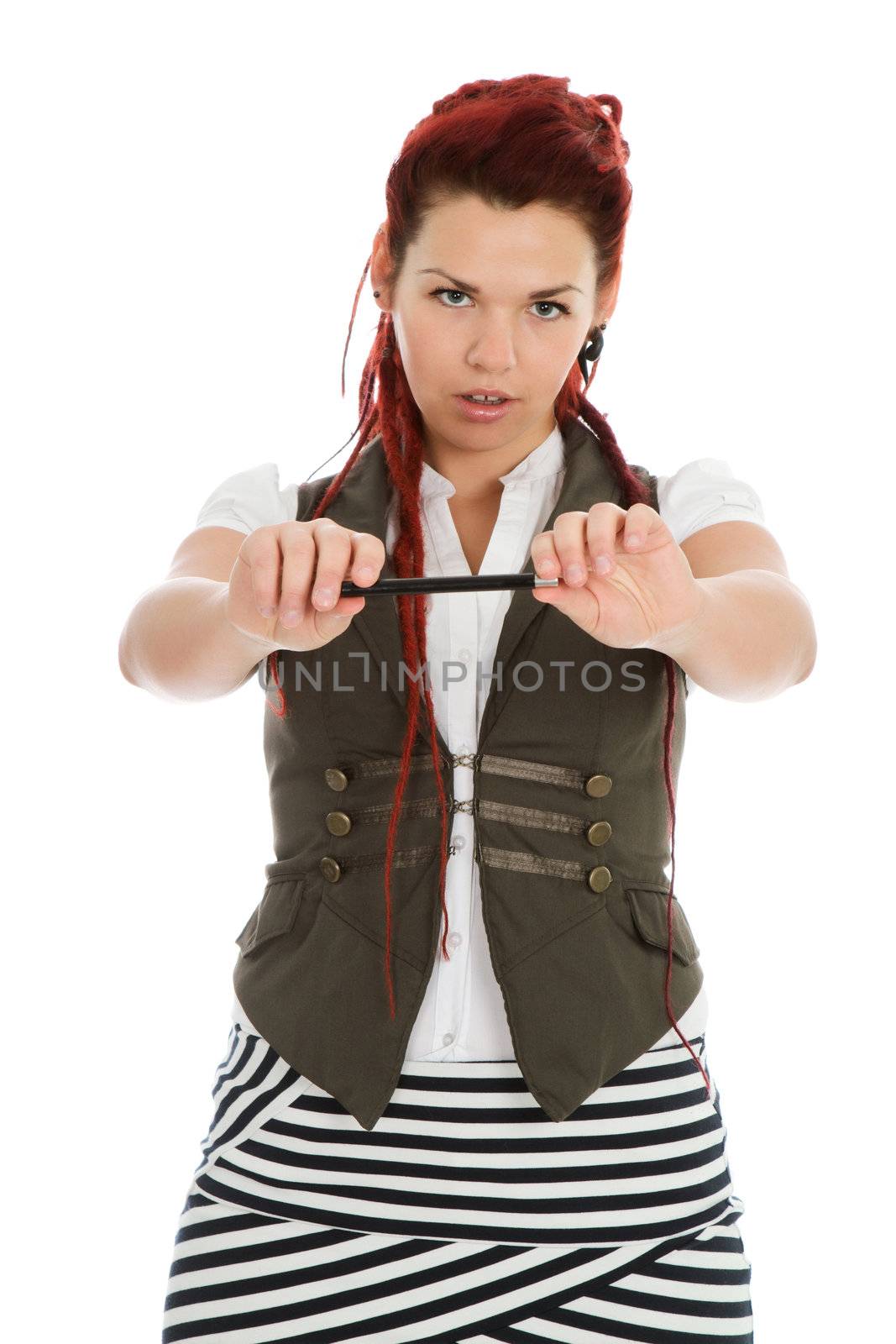 Modern young girl with pen in vest isolated on white background 