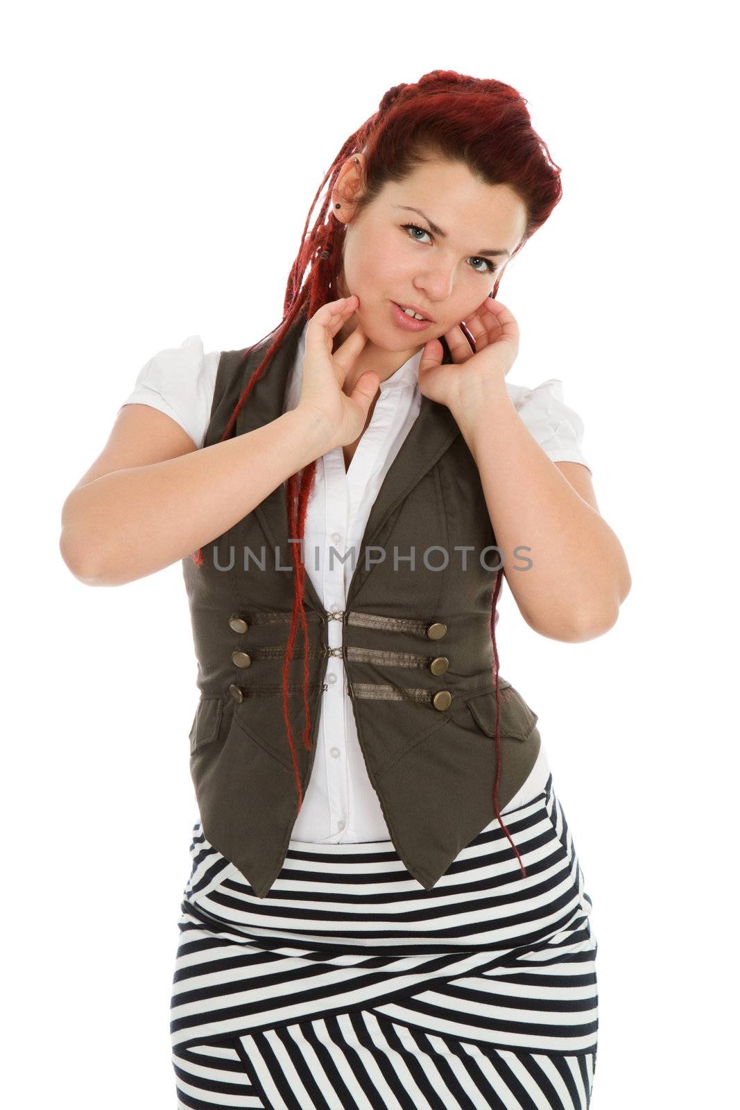 Young beautiful woman in vest and striped skirt isolated on white background 
