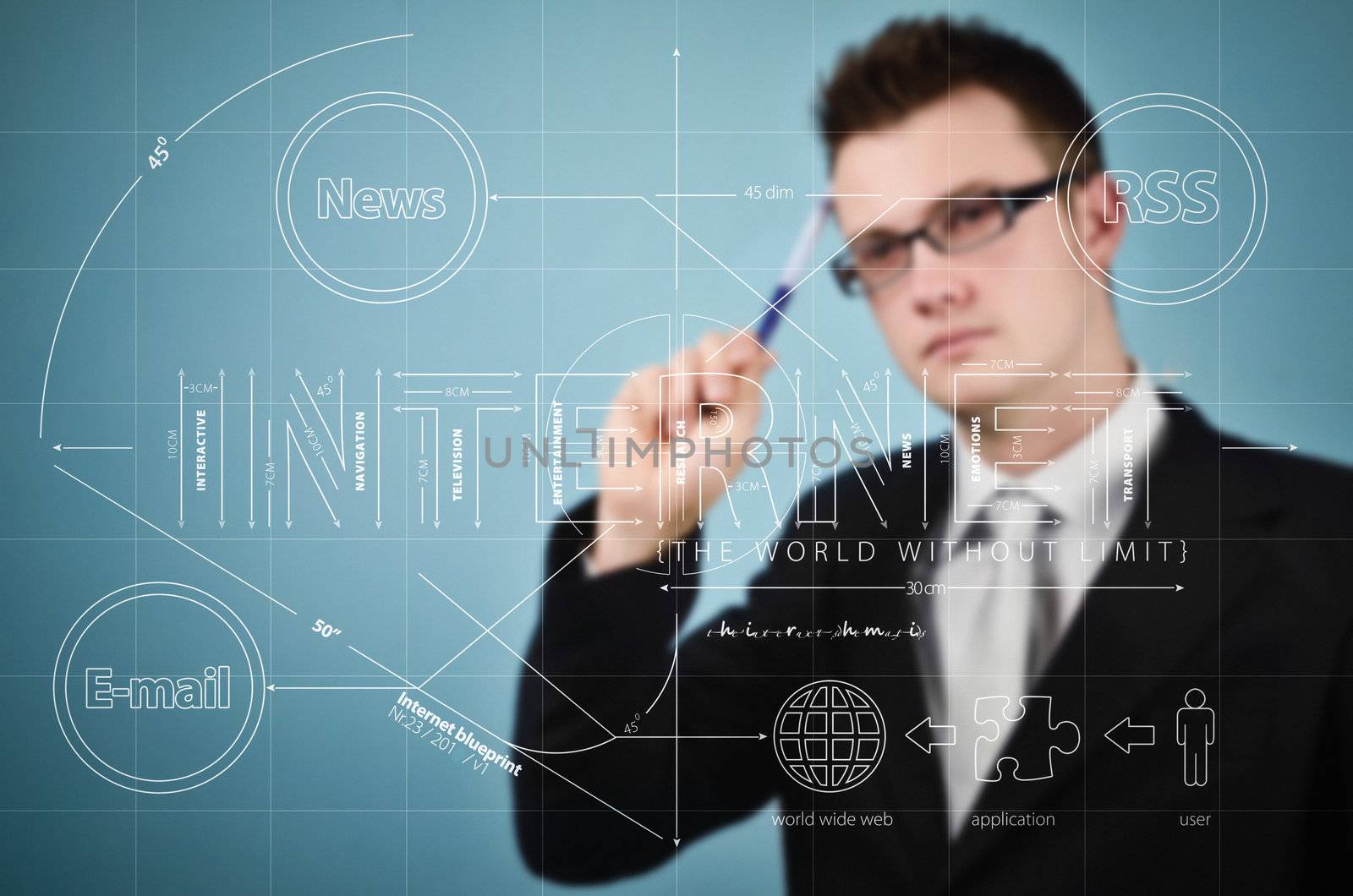 Businessman holding a pen and looking at transparency sheet with internet plan. Focus On Foreground