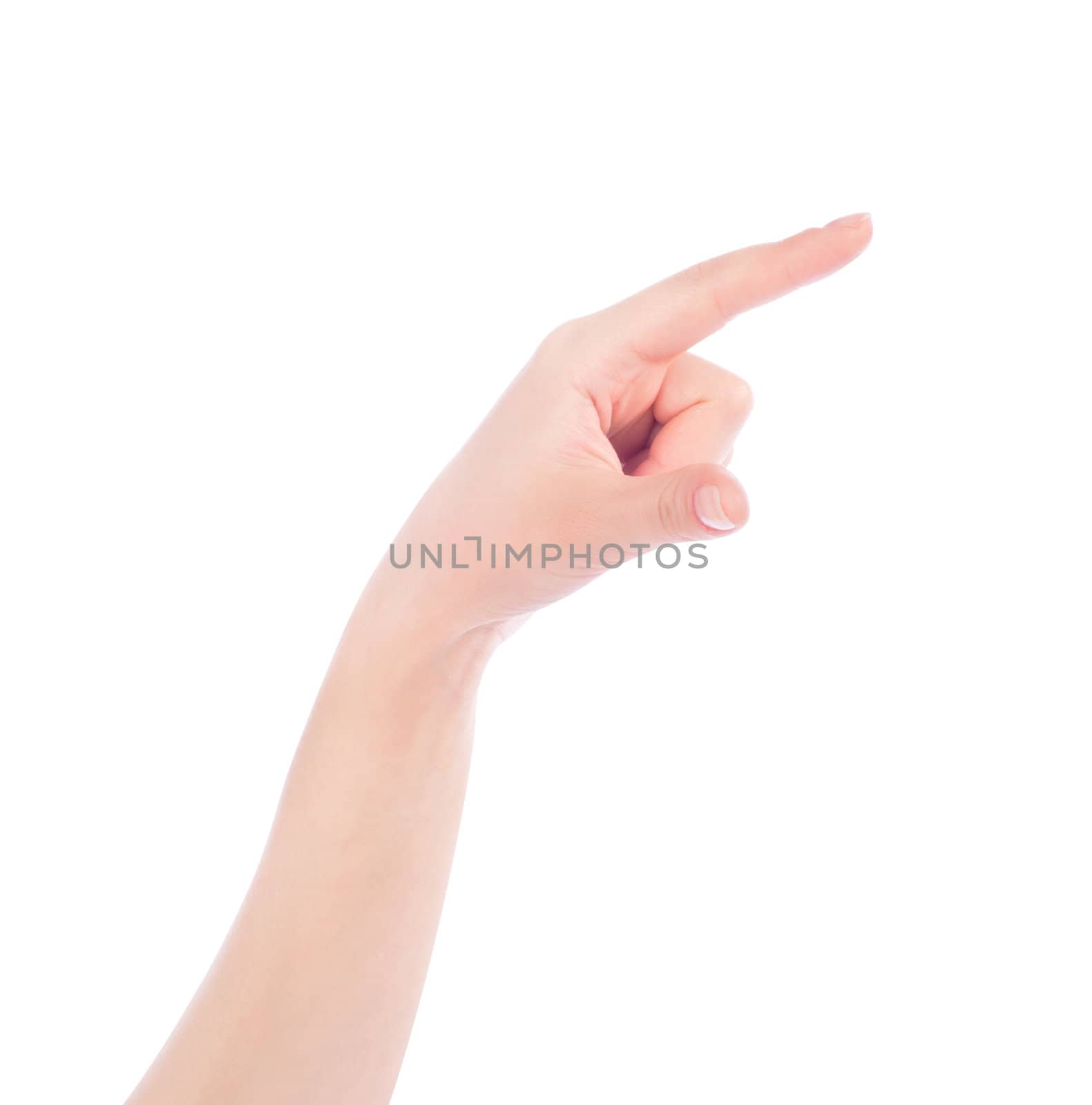 Woman hand touching virtual screen. Isolated on white.