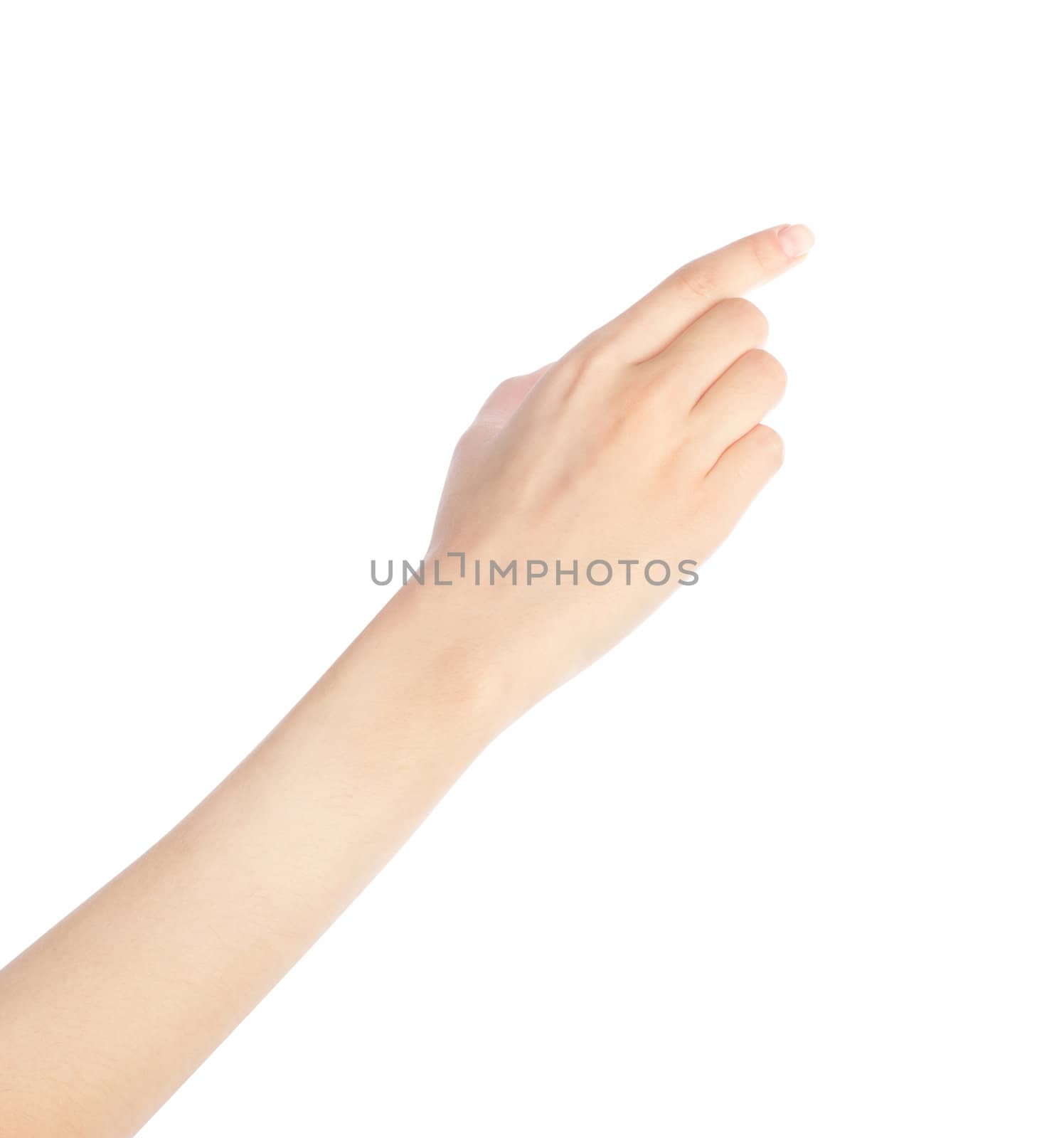 Woman hand touching virtual screen. Isolated on white.