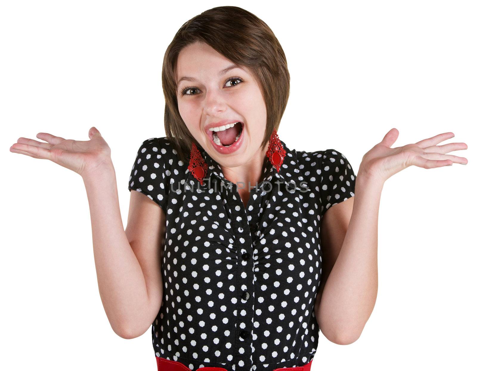 Single excited young white woman in polka dot dress