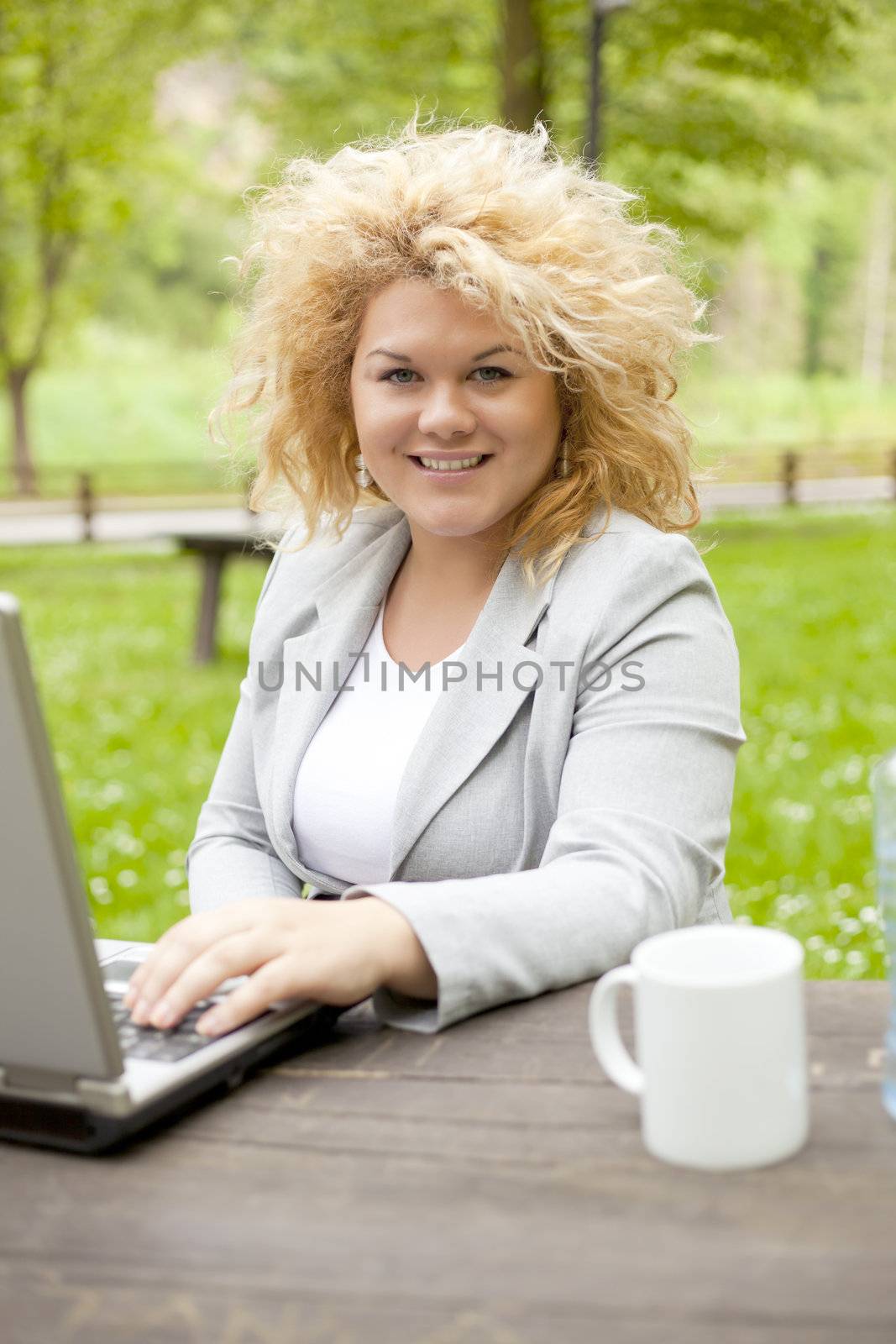 Beautiful Blonde Woman using laptop in park and smiling