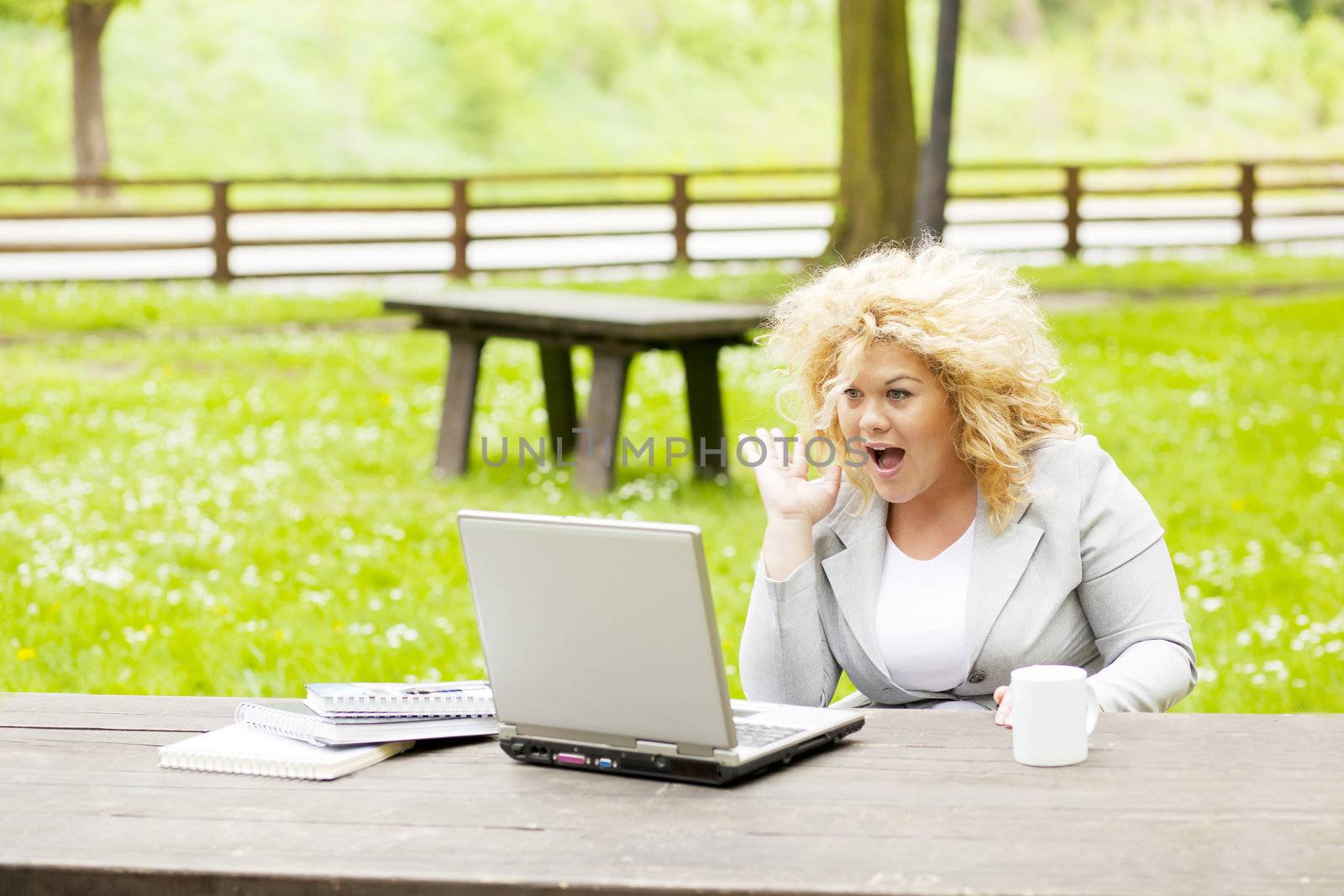 Excite Young woman using laptop in park